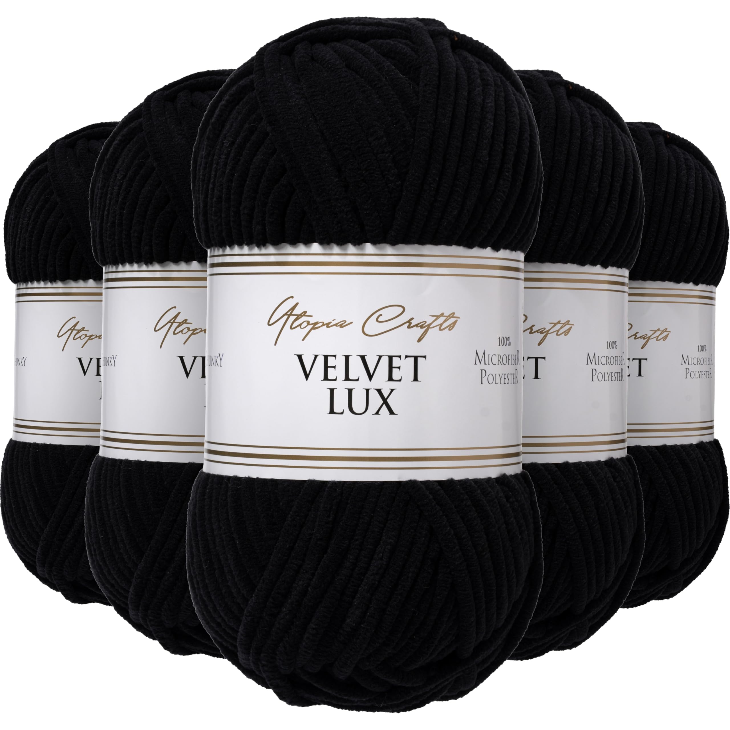 Utopia Crafts Velvet Lux Chenille Super Soft Chunky Yarn for Knitting and Crochet 5X 100g (Black)