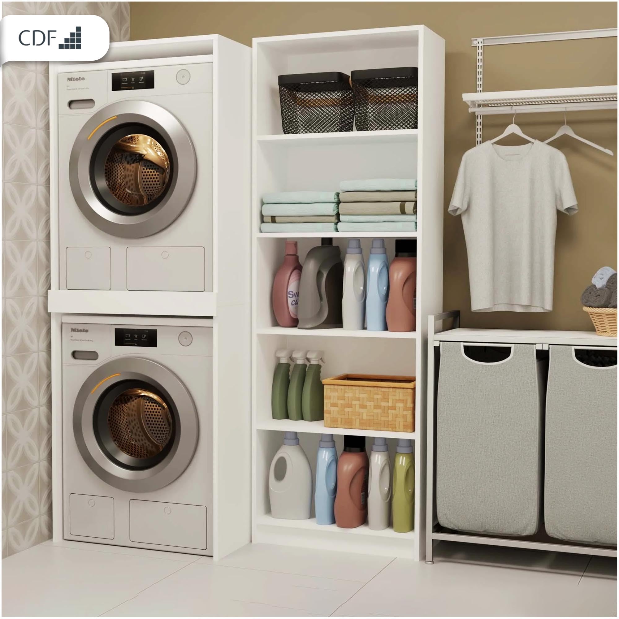 CDF Waschmaschinenschrank DOPPELT Hochschrank für Waschmaschine Wäschetrockner Badschrank Trockner Schrank Waschmaschinenschrank Überbauschrank 64x64x180 cm Badregal Robuste Platte Weiß - Pola