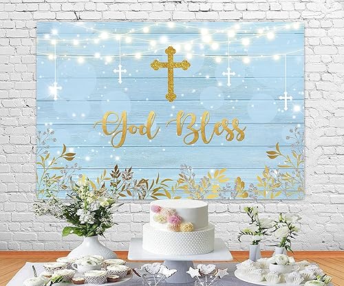 Miniatura 3 de Withu God Bless - Fondo de bautismo de madera azul para primera comunión, bautizo, decoración de banderines de fiesta de bautizo, decoración de