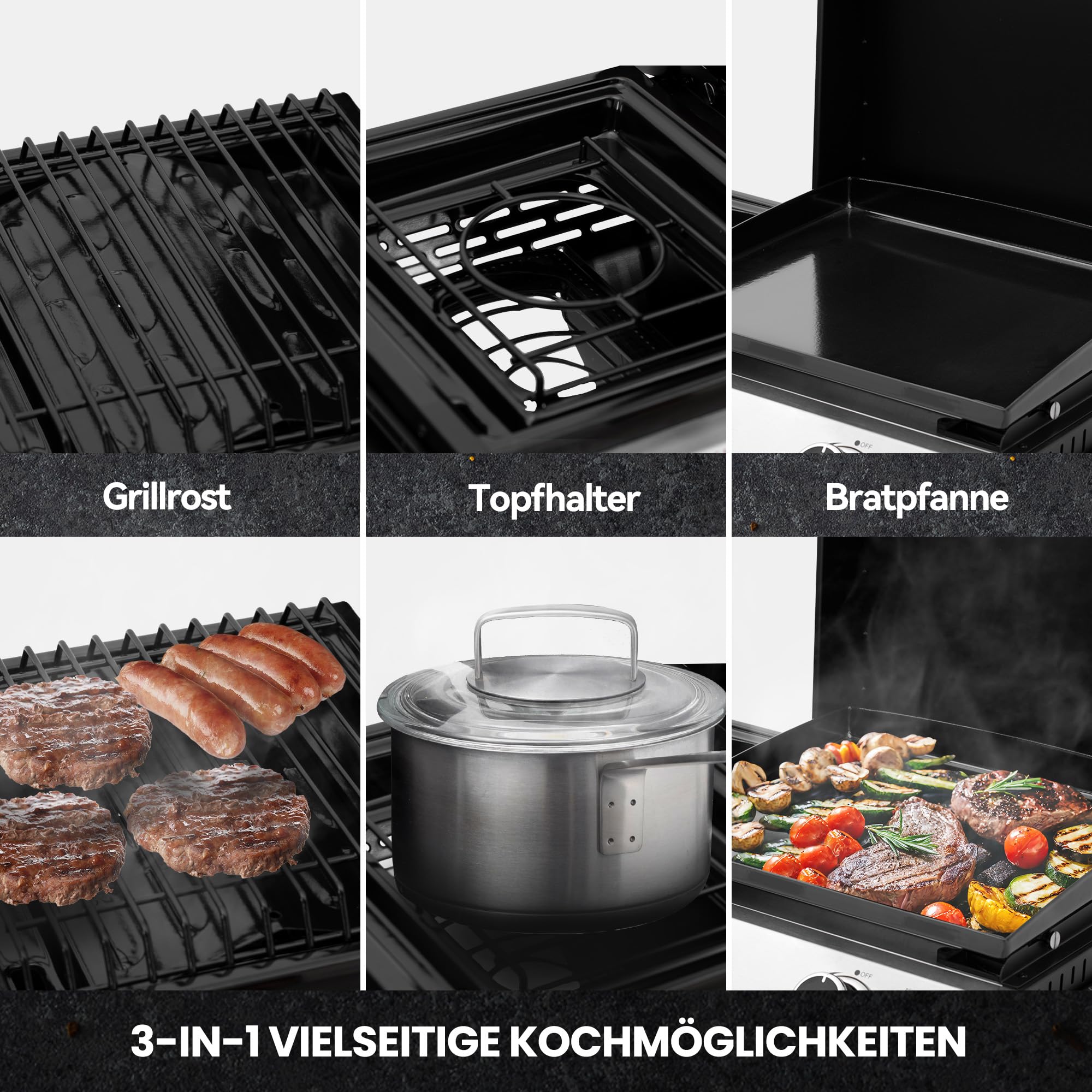 Royal Gourmet 8,5 kW Gasgrill, 3 in 1 Tischgrill mit Grillen, Braten, Kochen, 3 Brenner Tragbarer Picknickgrill Campinggrill mit Klappbare Seitenablage Schwarz