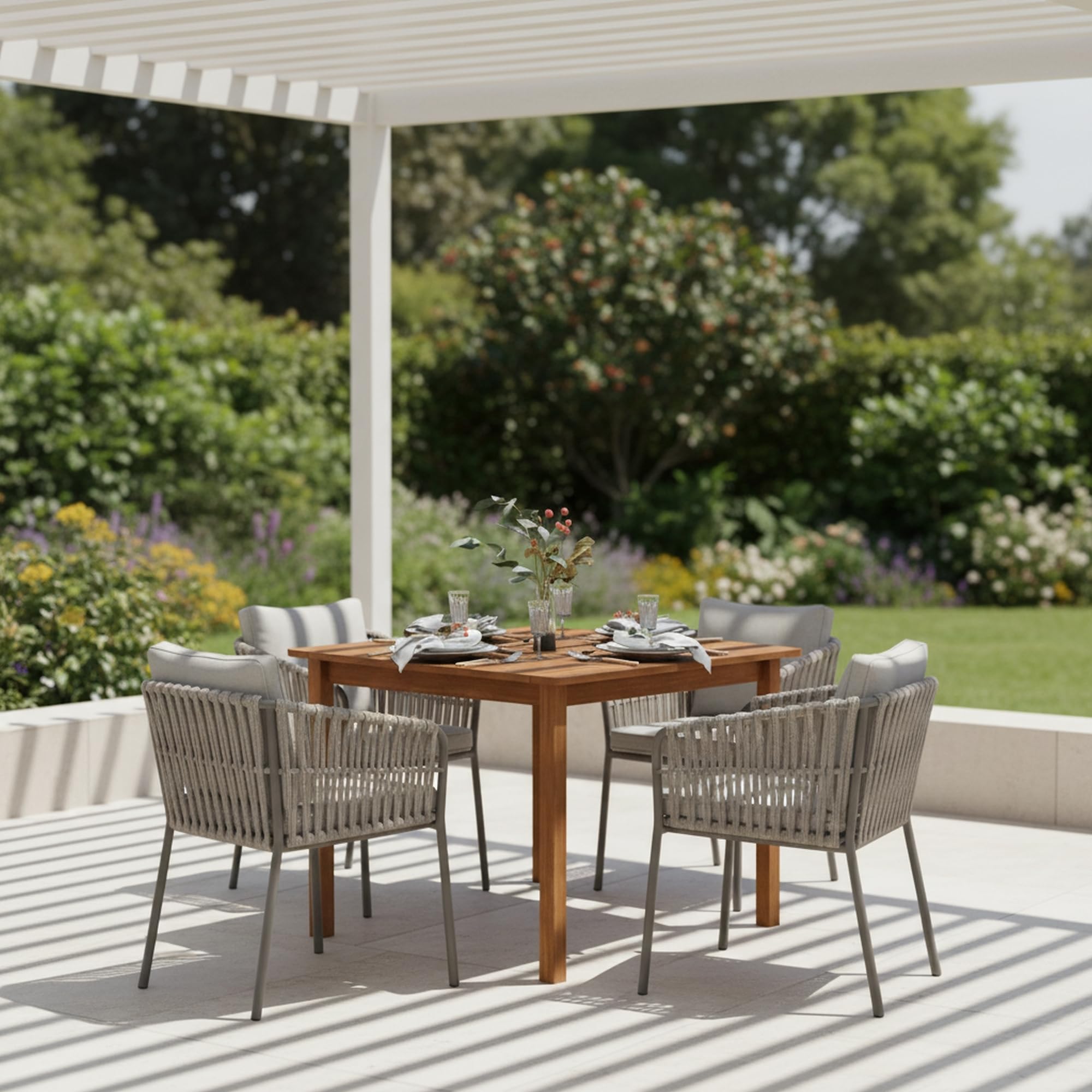 Furinno TIOMAN Table de Salle à Manger carrée en Bois Dur Massif pour Jardin, terrasse, Balcon, Finition Teck huilé, Bois Clair