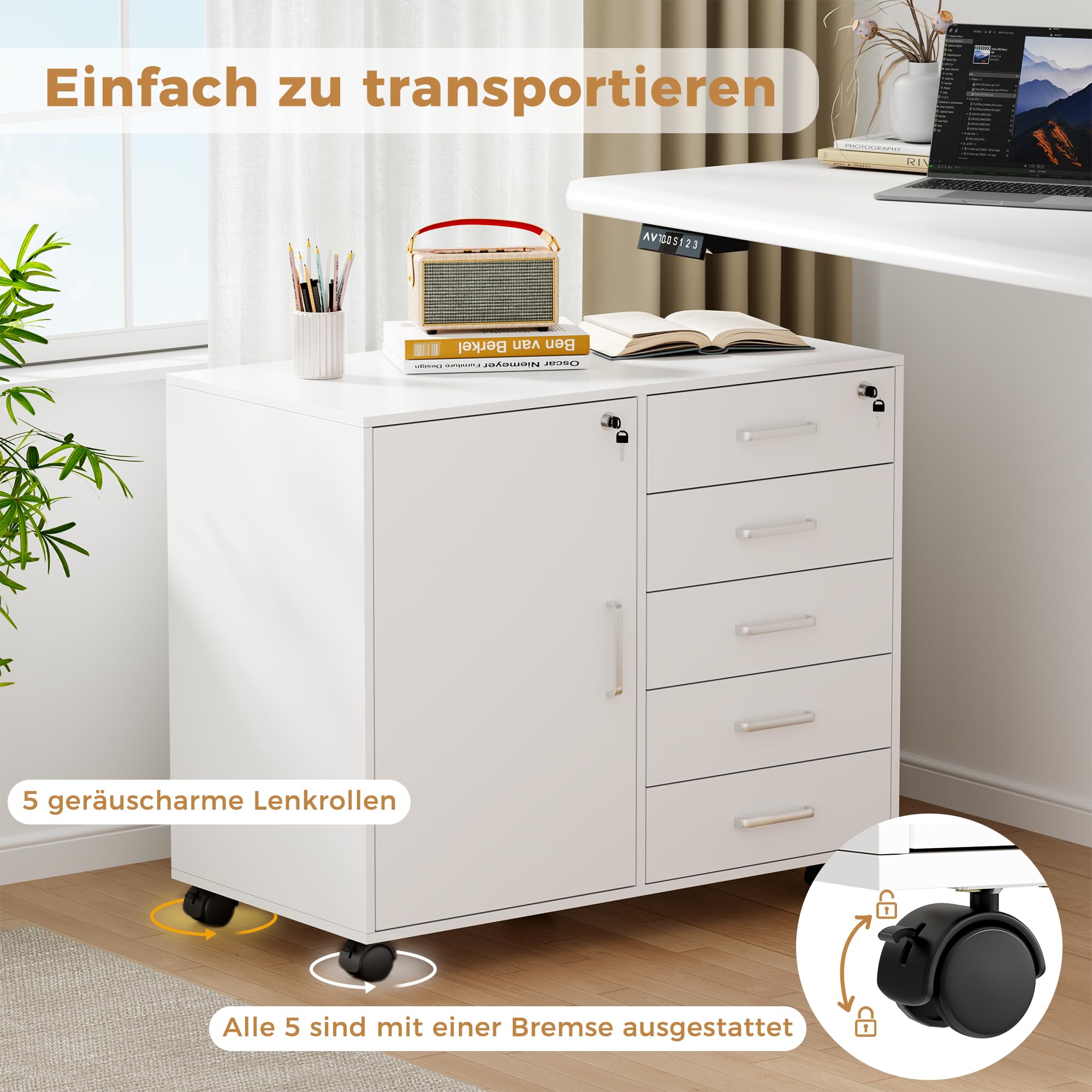BEWISHOME Rollcontainer Schreibtisch mit 5 Schubladen Weiß | 78x40x65,5cm, Aktenschrank Abschließbar mit 5 Rollen,1 Schrankfach Abschließbarer Büro Schrank mit Verstellbaren Einlegeböden