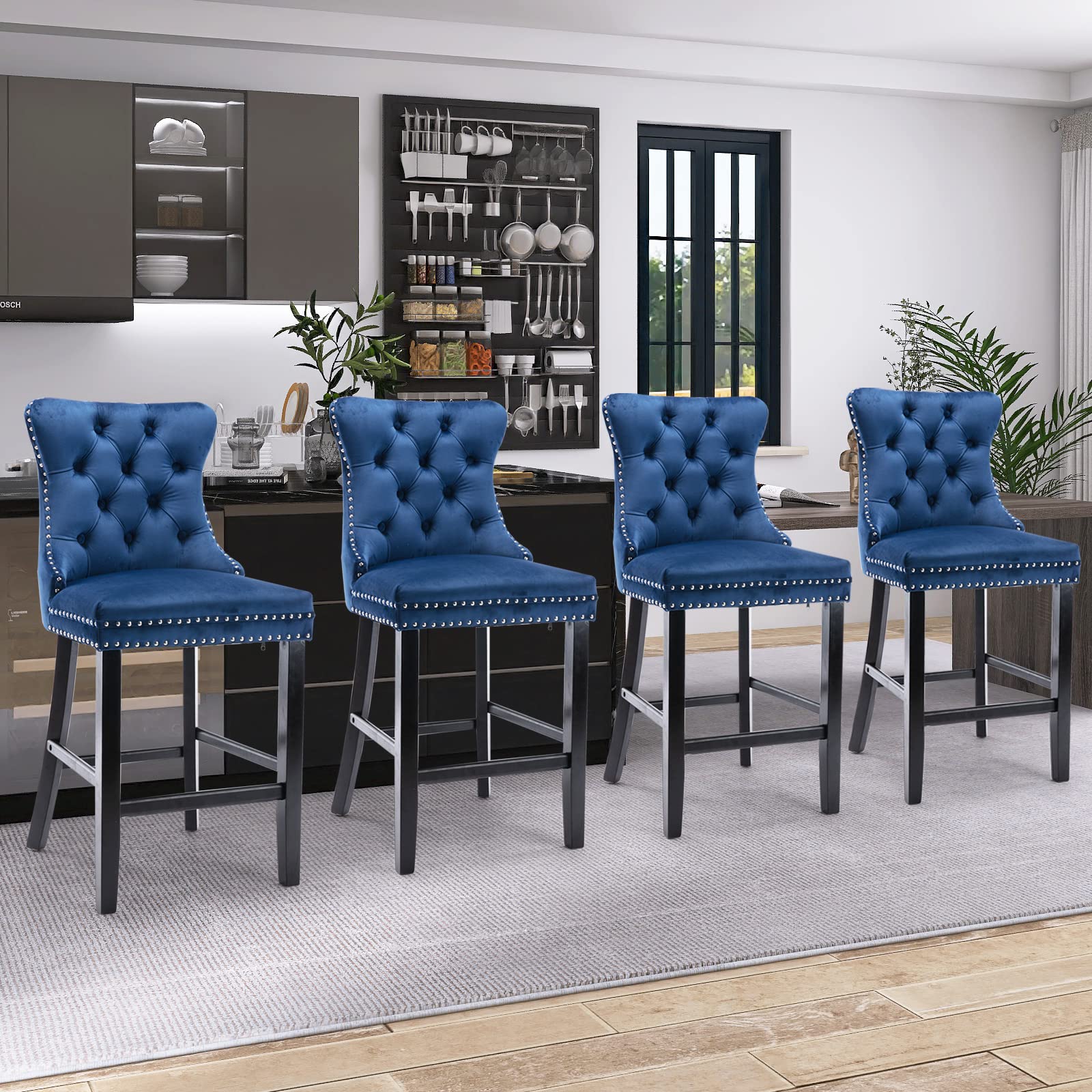 JETEAGO Bar Stools Set of 4, Velvet Upholstered Bar Stool for Kitchen Island, Counter Stools with Nailhead Trim, Blue