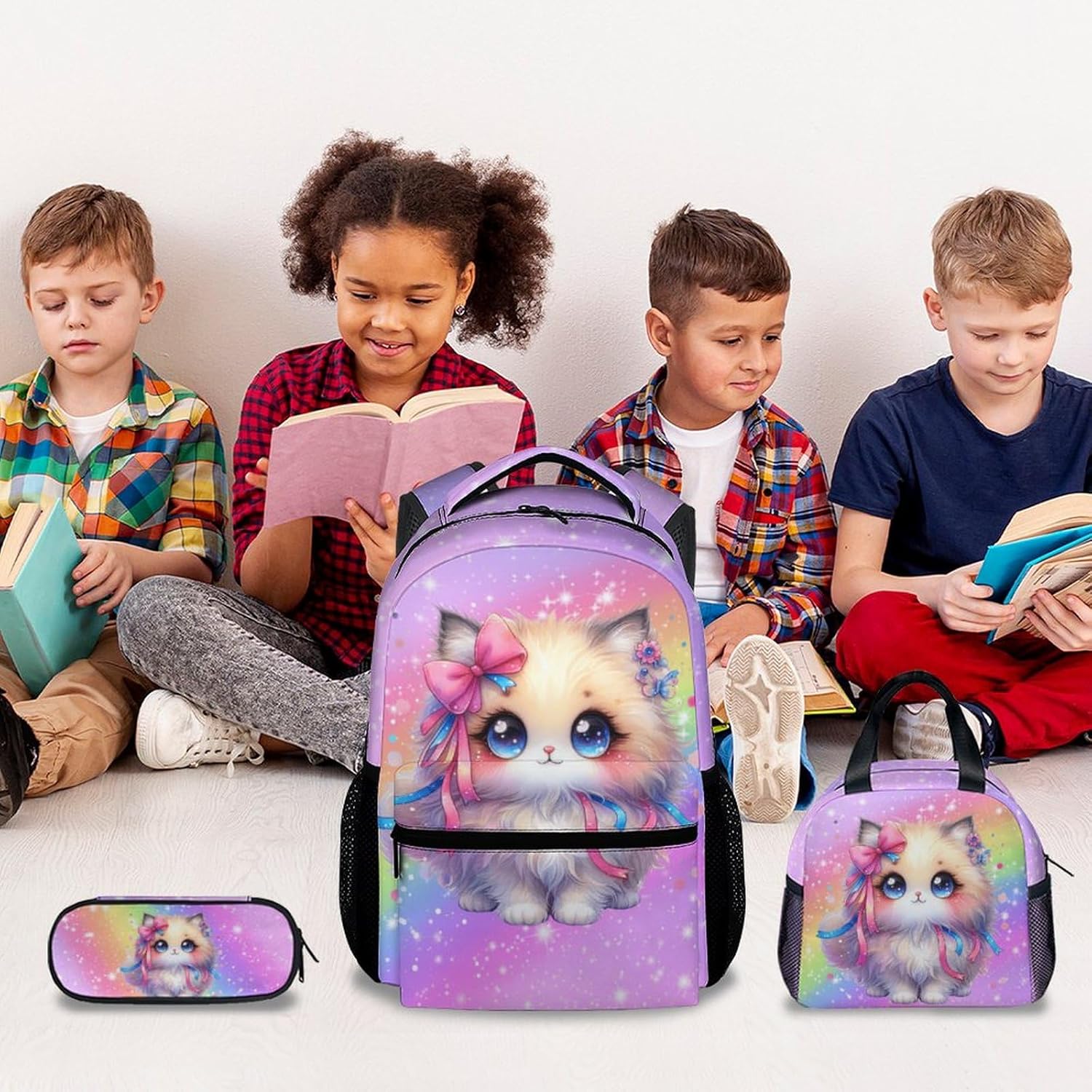 School Backpack for Girls, 3Pcs Cat Backpack Set, Kids Bookbag for Kindergarten/Elementary/Preschool, 17" School Bag with Lunch Box Pencil Case