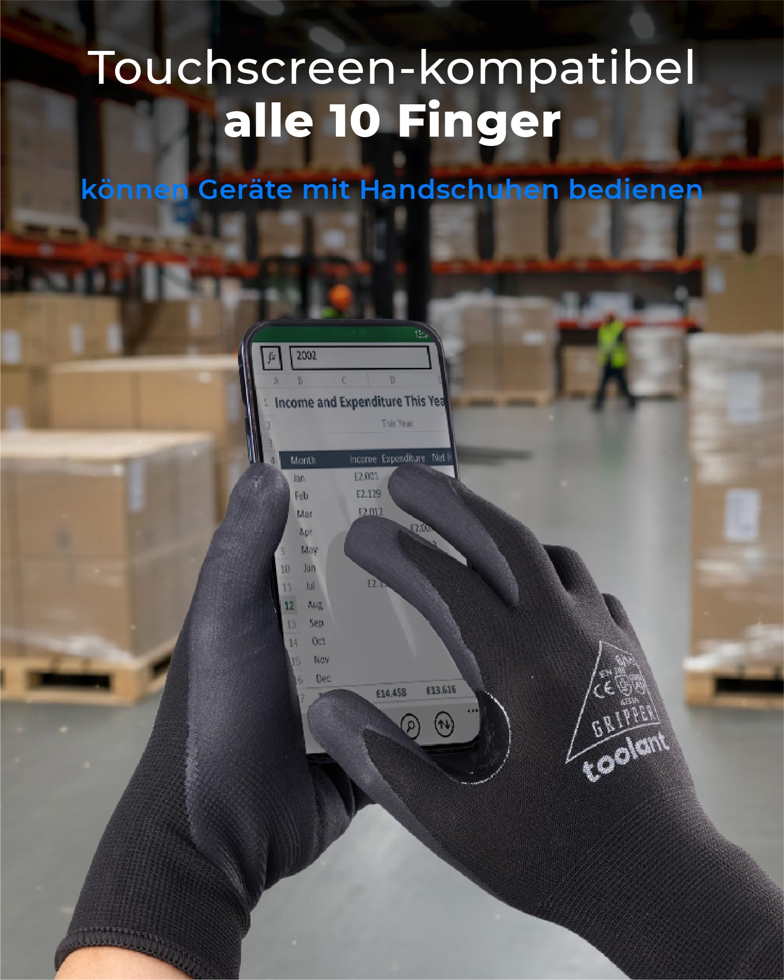 toolant Nitril-Arbeitshandschuhe mit MicroFoam-Beschichtung, atmungsaktives Nylon, rutschfester Griff, touchscreenfähig, ideal für Garten, Lager & Automobil, Grau (L, 12 Paar)