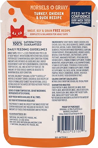 Miniatura 3 de Natural Balance Platefulls - Alimento húmedo para gatos, fórmula de pavo, pollo y pato en salsa, bolsa de 3 onzas (paquete de 24), sin granos