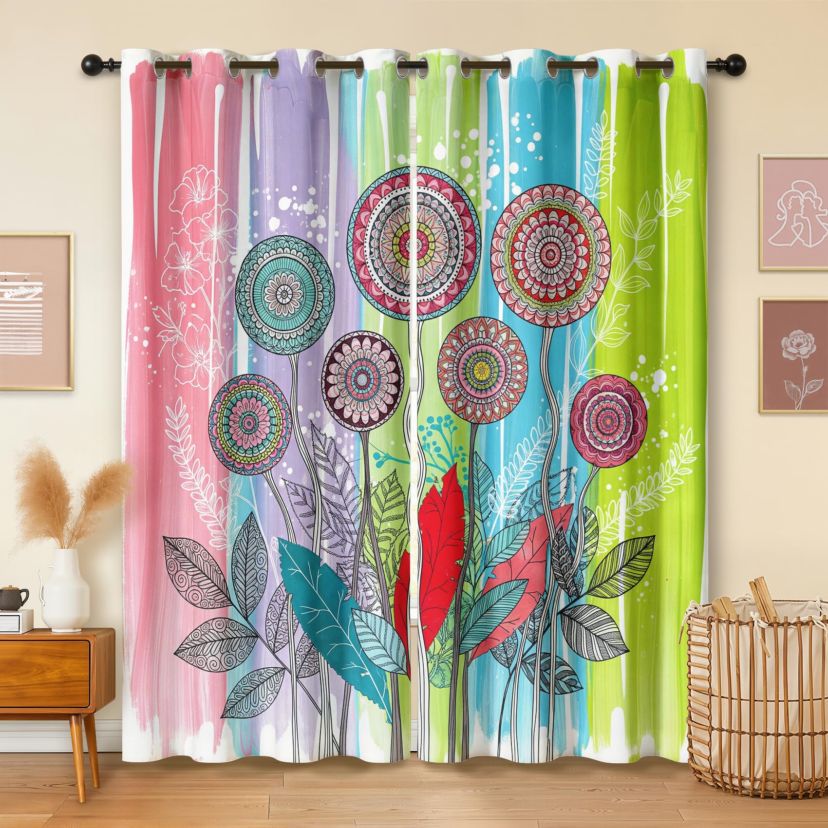 Havenix Abstract Watercolour Blackout Curtains for Bedroom Living Room, Eyelet Curtains 66x90, Thermal Insulated Drapes for Windows, Colourful Stripe Floral Patterned Window Treatments, 2 Panels