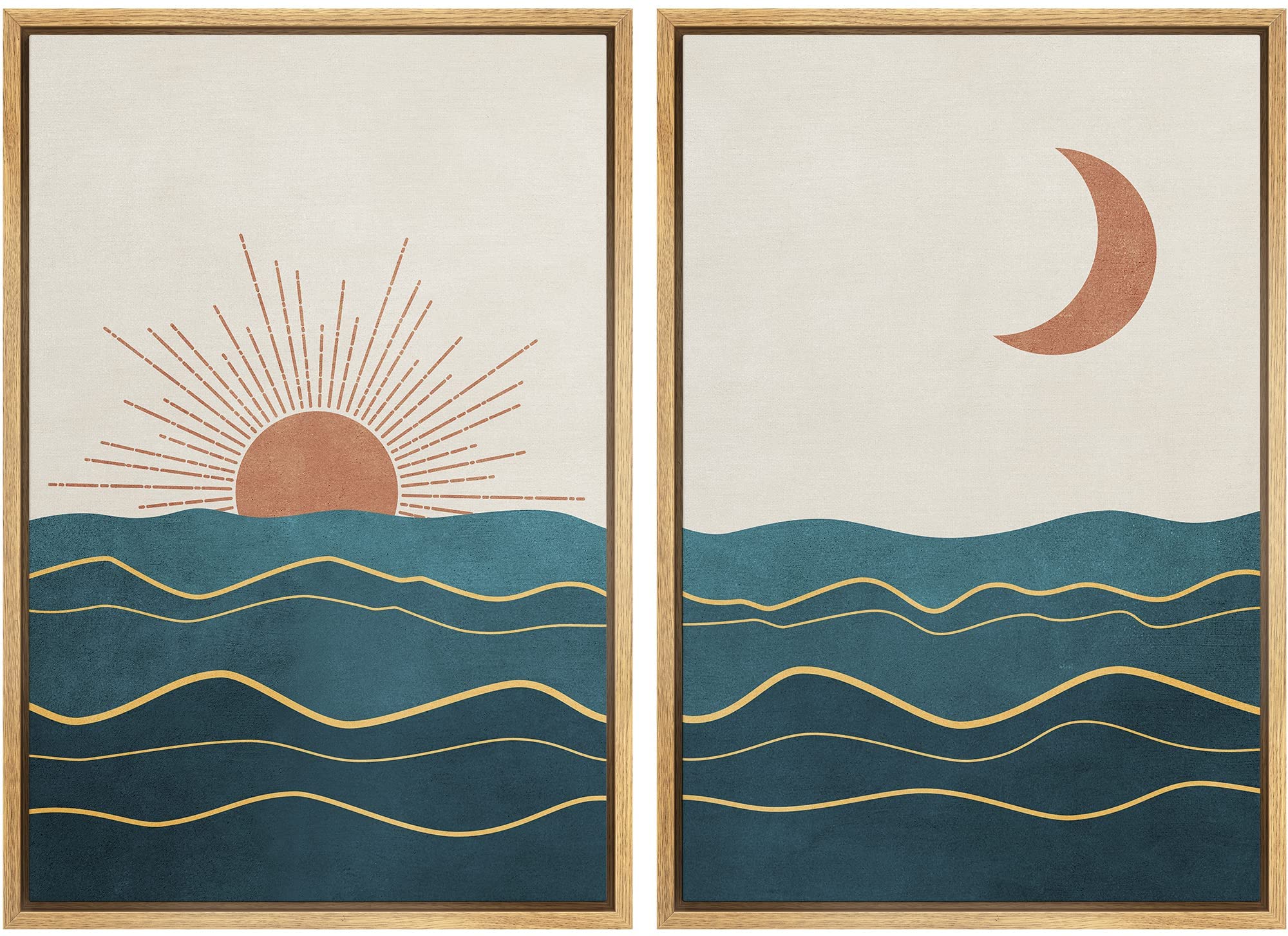 IDEA4WALL Framed Wall Art Print Set Shining Sun and Crescent Moon Over Teal Ocean Waves Abstract Shapes Illustrations Modern for Living Room, Bedroom, Office - 16"x24"x2 Natural