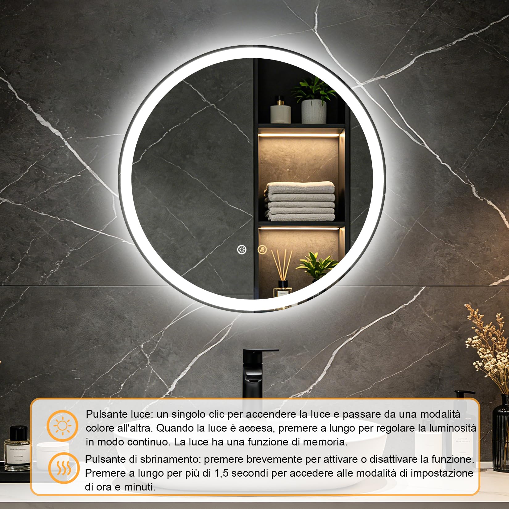 Specchio da bagno rotondo da 49.5 cm con illuminazione a LED | Specchio cosmetico con retroilluminazione, 3 temperature di colore, antiappannamento, luminosità regolabile, IP56
