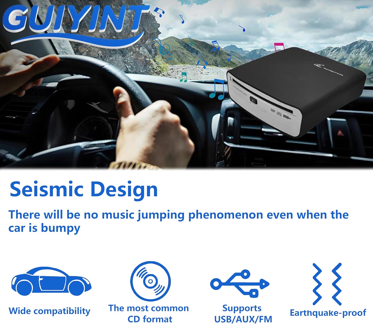 CD DVD Player for Car - Portable External CD Player, Plug & Play, 3-Way Connection (USB/AUX/FM), that Plugs into Car Laptop Desktop TV Computer