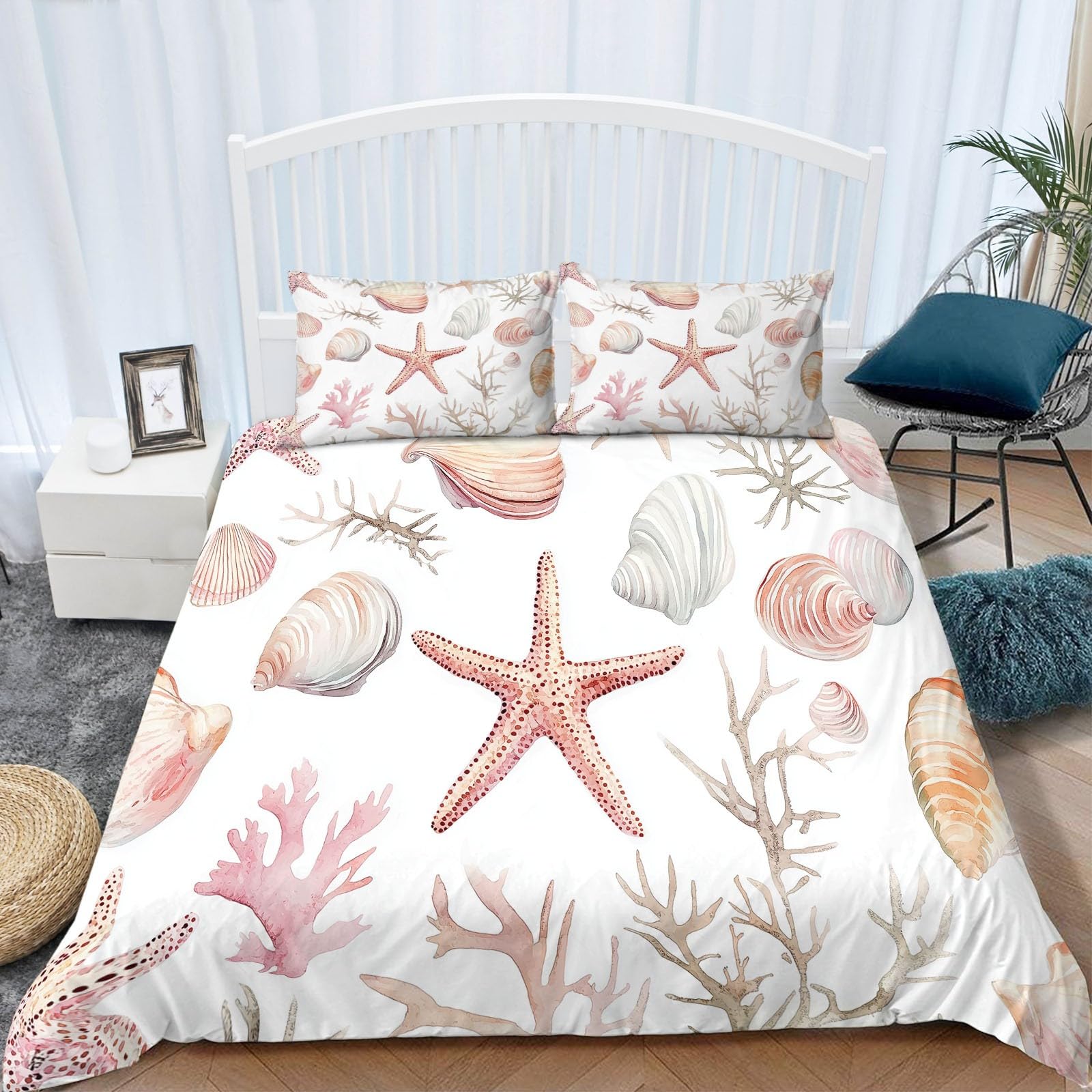 Funda Nordica Infantil para Cama 90 Concha De Estrella De Mar De Acuarela 3D Funda de Microfibra Polialgodón para Edredón 150x200 cm, Suave y Transpirable Juego de Funda Nordica