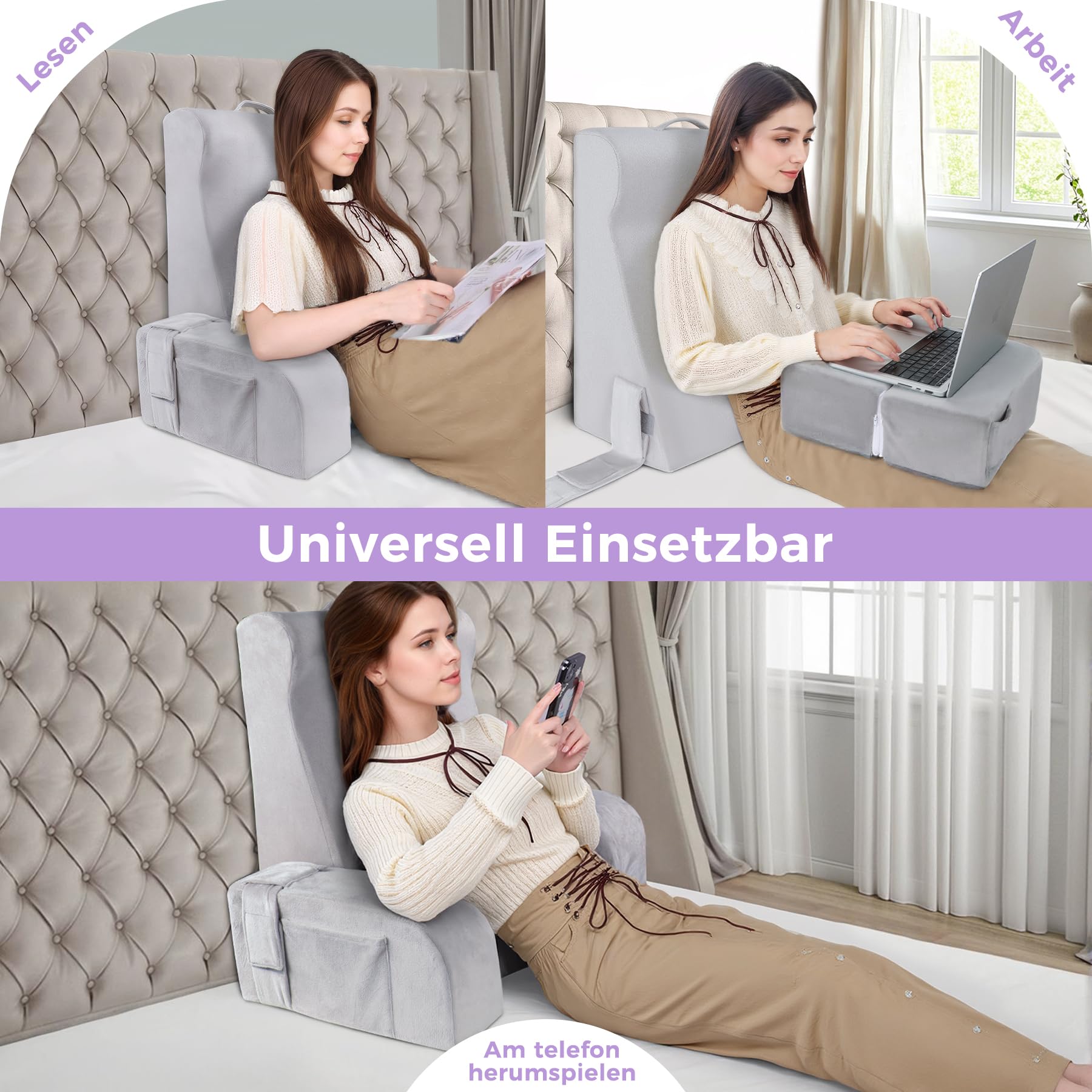 Babenest Lesekissen mit Abnehmbare Armlehnen, Komfortabel und Leicht Rückenkissen für Bett und Sofa, Sitzkissen Rückenlehne mit Waschbarer Samt zum Lesen, Gaming oder Fernsehen (L Band Modell)