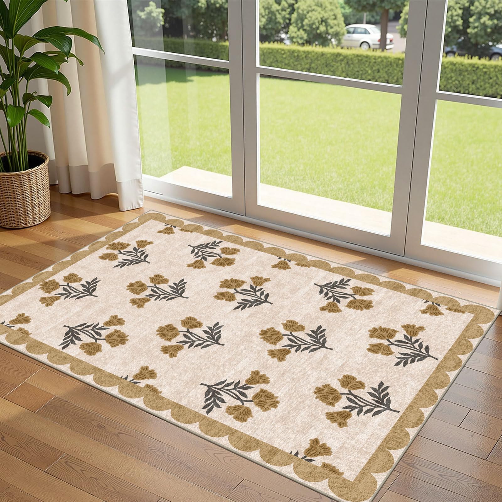 Othilic 3x5 Floral Entry Rug - Small Washable Indoor Outdoor Mats for Front Door Non-Slip Porch Rug Beige Vintage Farmhouse Throw Rugs for Living Room Bedroom Entryway Kitchen Office Porch Decor โ image 1