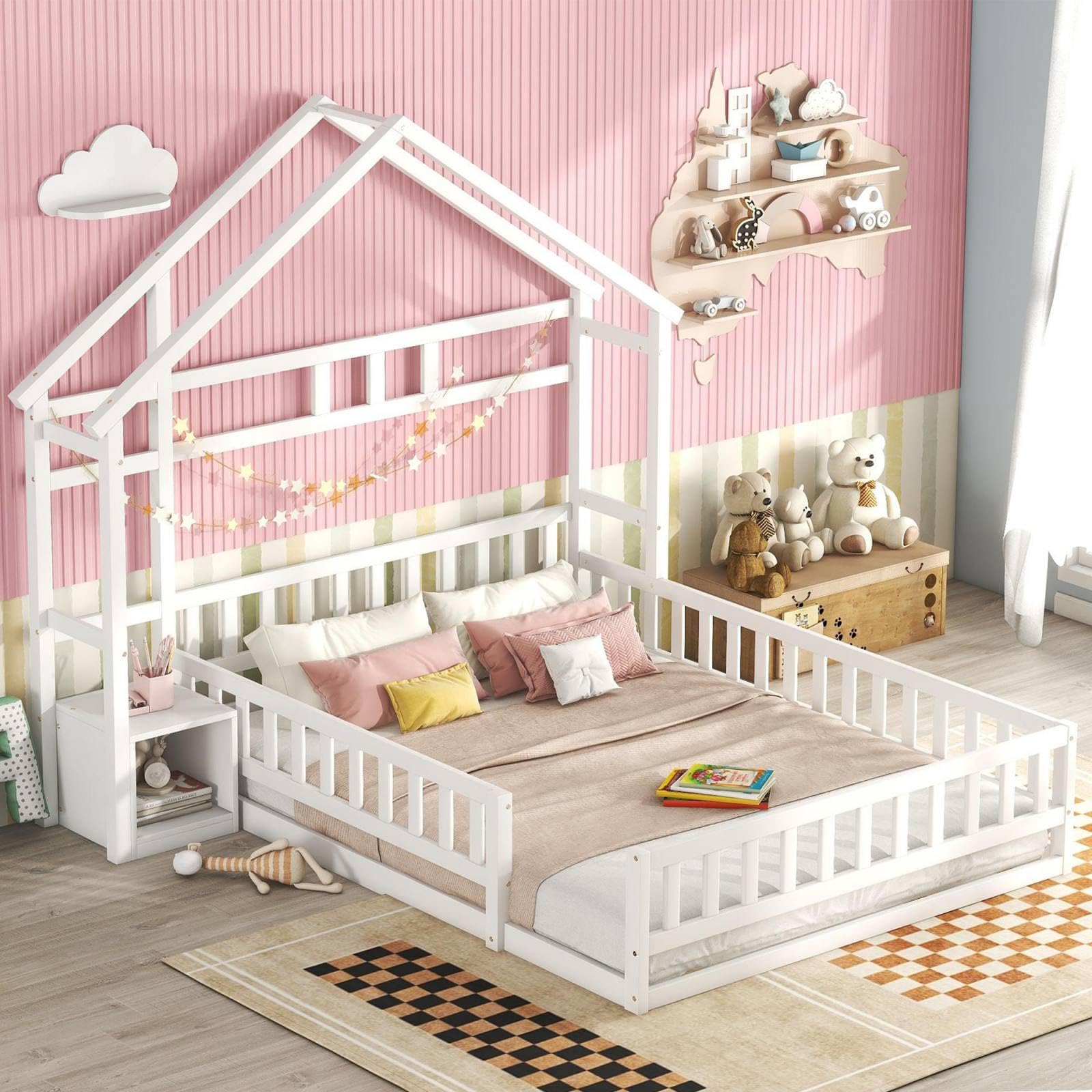 KOMHTOM Cama infantil con mesita de noche, 140 x 200 cm, cama de casa con cercado, marco de cama, soporte para listones de madera, para niños, adolescentes (sin colchón)