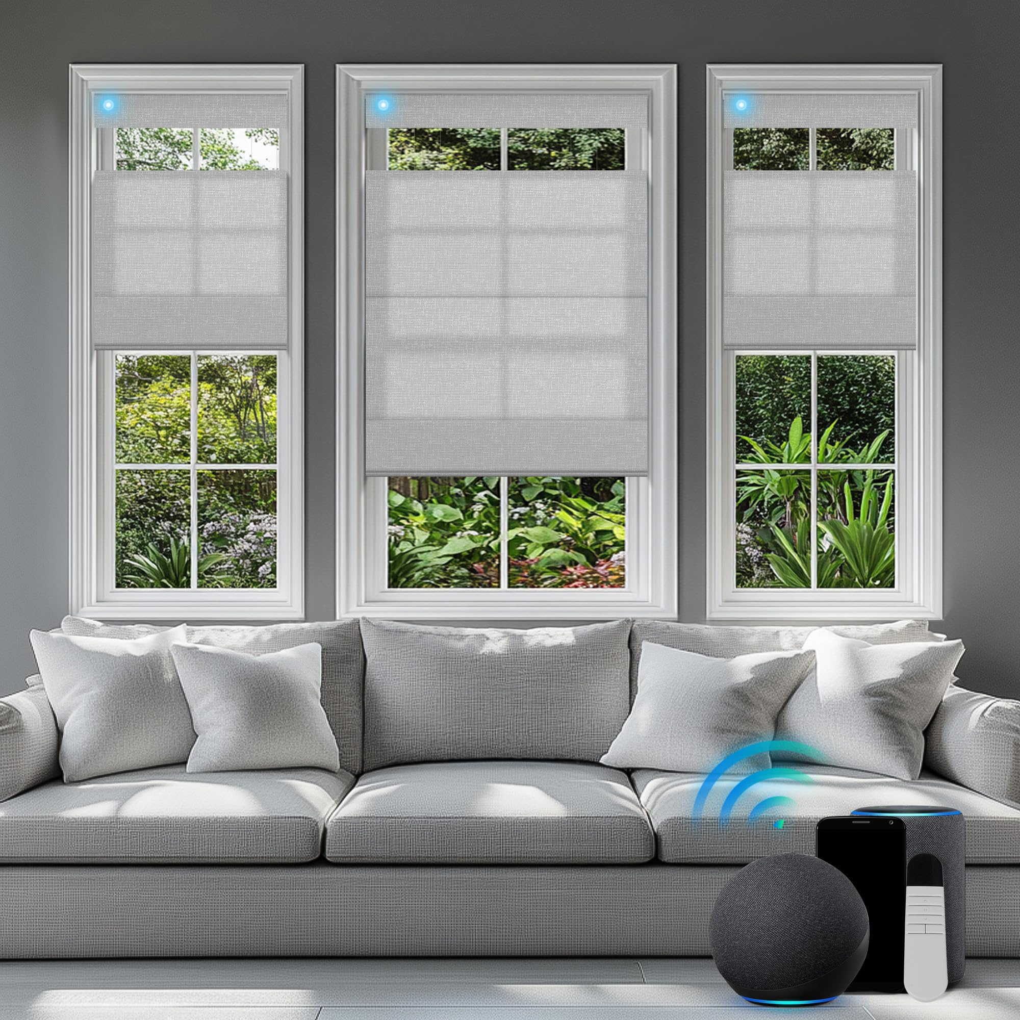 BERISSA Motorized Blinds with Remote,Top Down Bottom up Roman Shades,Smart Roman Shades for Windows,Electric Blinds,Alexa,Google Home- Voice and App Control,Custom Size,Light Filtering - Gray