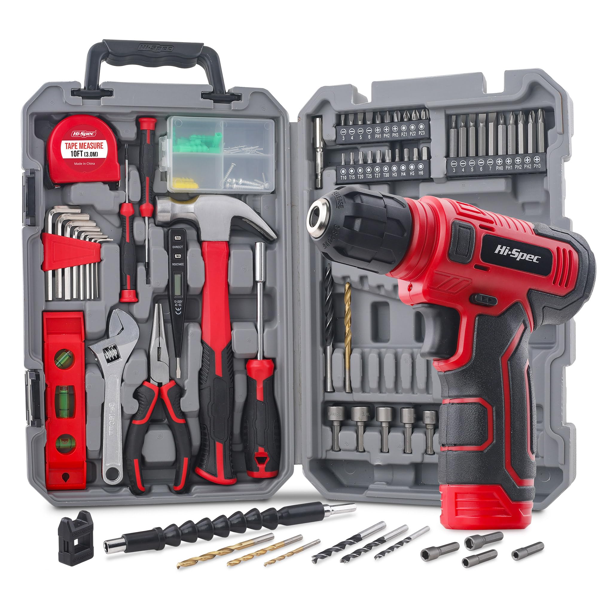 Hi-Spec Tool Set with 8V Cordless Drill Set. Complete DIY Tool Kit with USB Rechargeable Electric Drill Driver for Women and Men, Home Repair & Maintenance, in a Compact Toolbox.