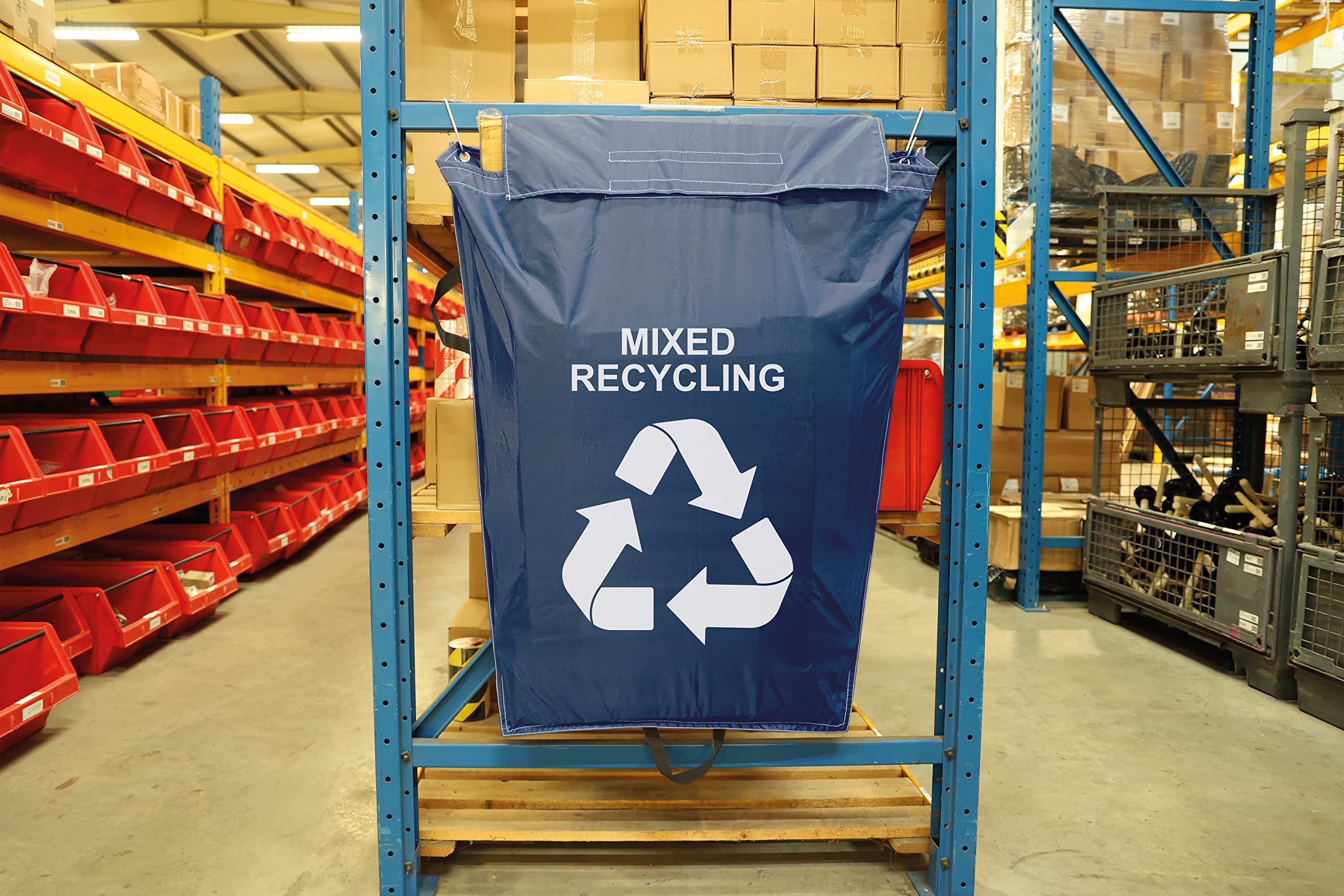 Warehouse Waste Recycling Racking Sack, MIXED RECYCLING, Industrial Grade, Integrated Top Flap With Velcro Fastening, Multiple Fixing Options, Double Stitched Strength, 160 Litre Capacity