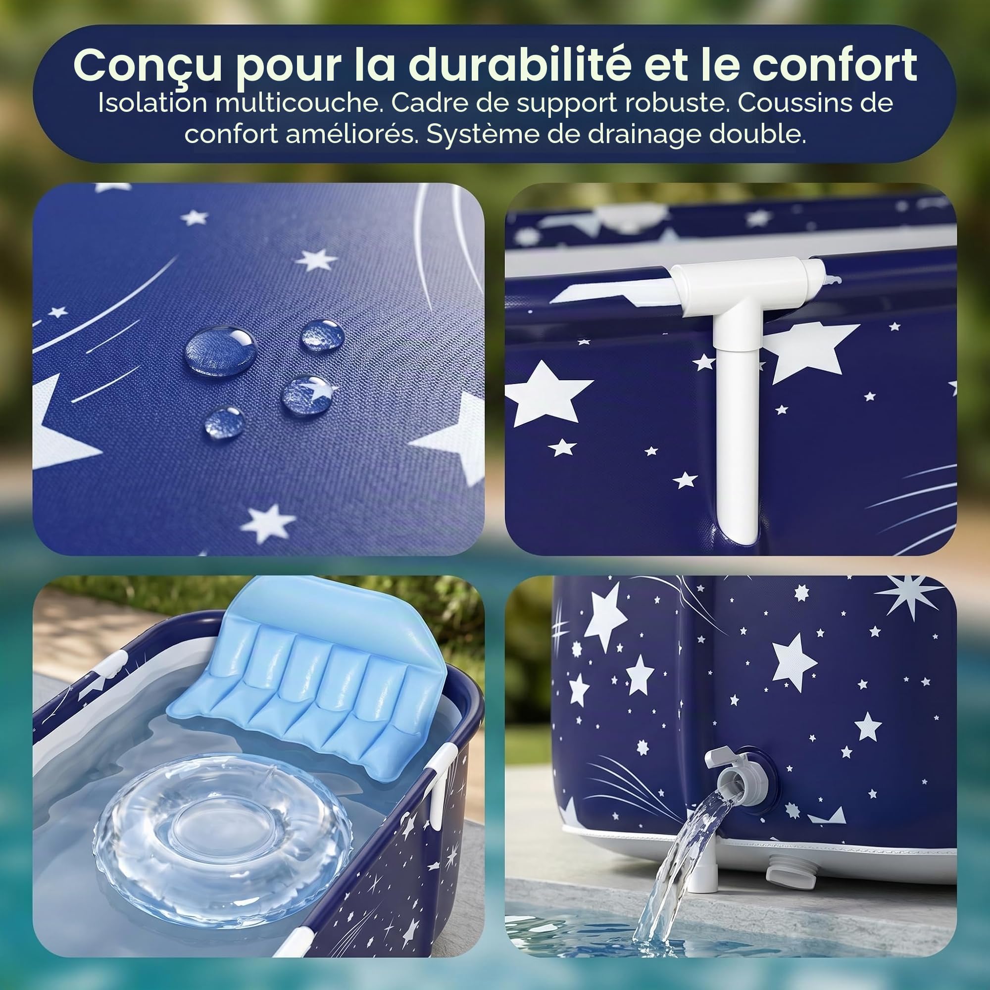 Baignoire Pliable Adulte, 120x55x50cm Portable Grande Baignoire de Trempage pour Bain Chaud, Bain Glacé, Spa, Seau de Bain Épais, pour Deux Personnes avec Dossier, Coussin et Pompe