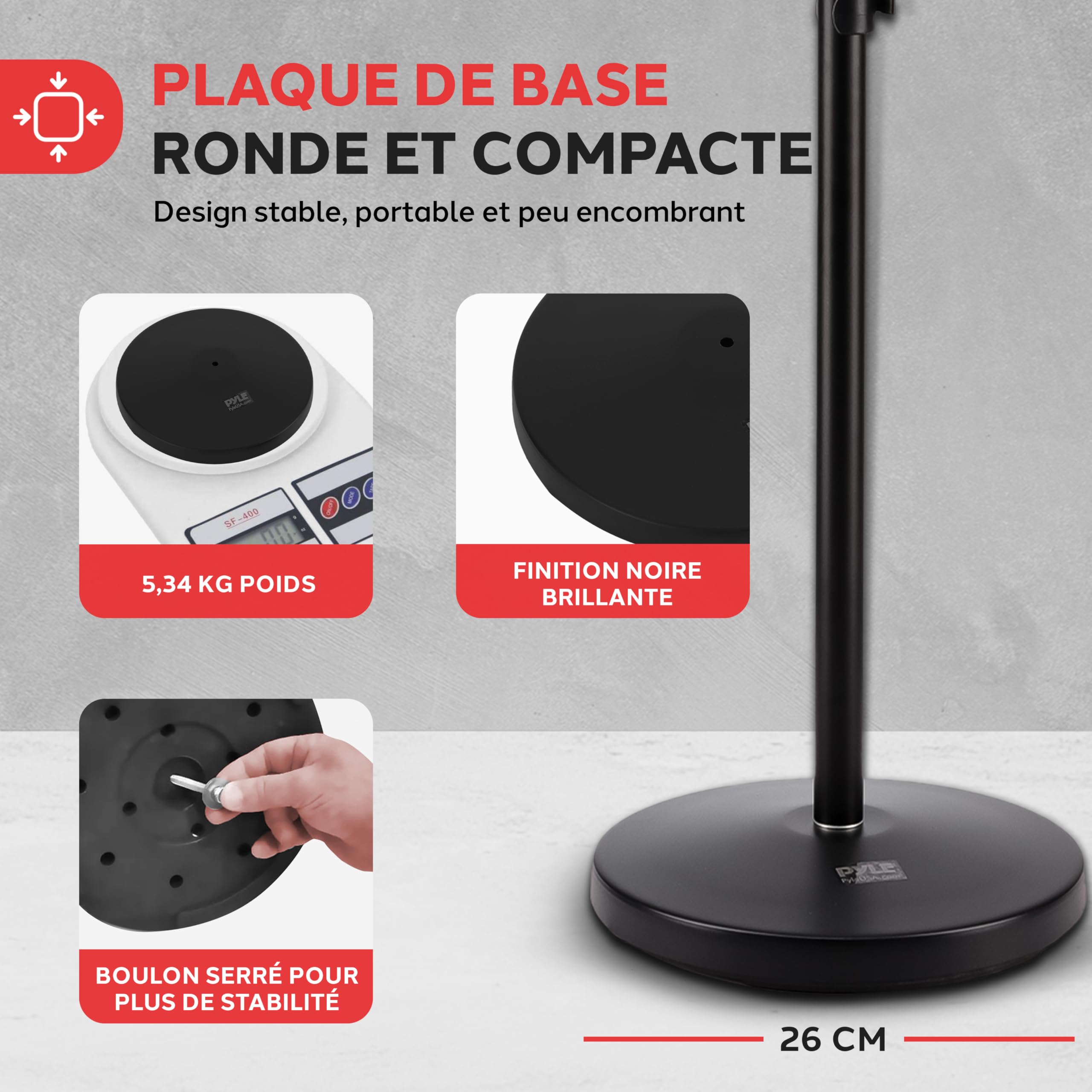 Pyle Support Microphone Universel Réglable 70-146 cm Base Ronde Lourde 5,34 kg Filetage 5/8 Studio Scène Podcast Karaoké