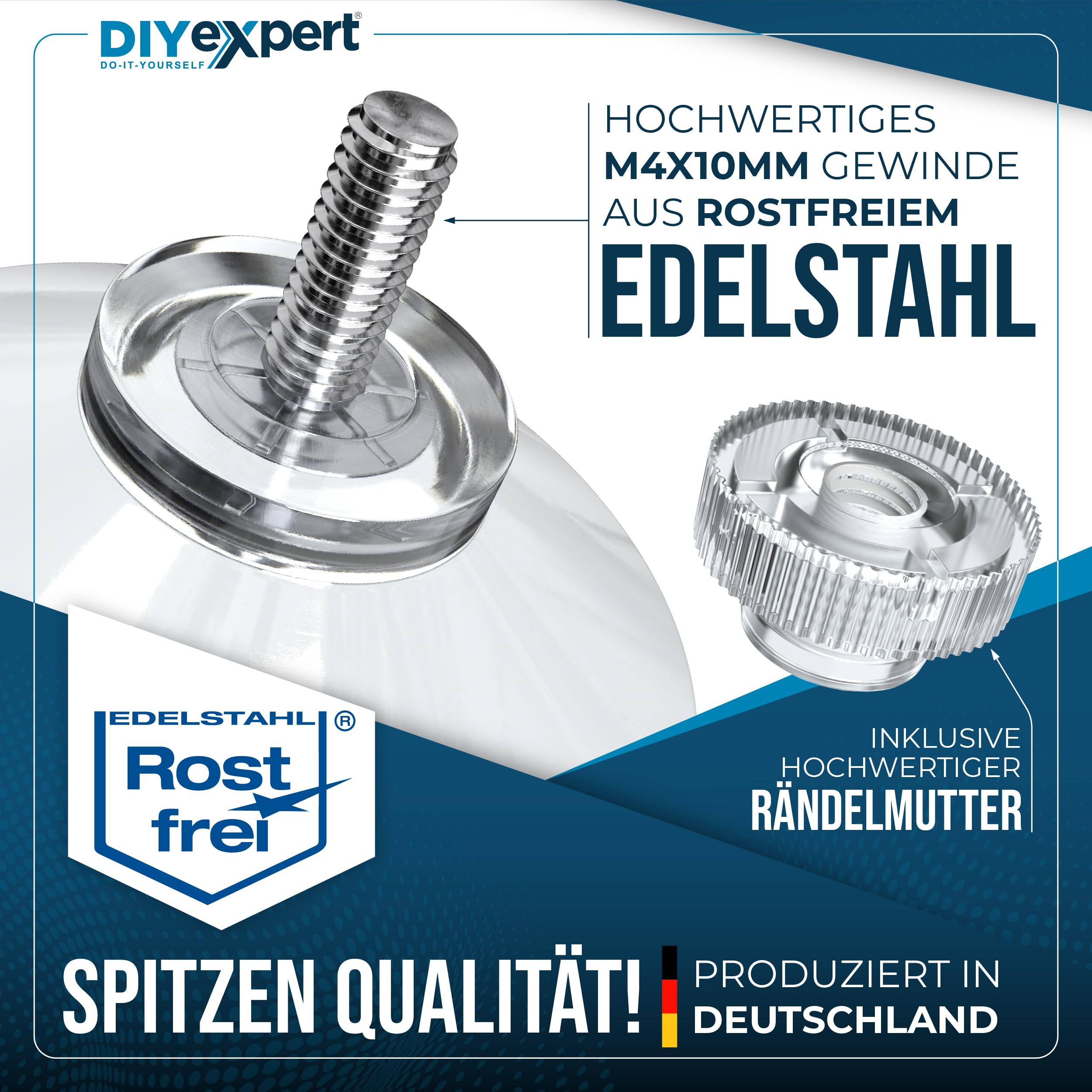 DIYexpert® 4 x przyssawka Ø 50 mm, z gwintem M4 x 10 mm, w zestawie nakrętki radełkowane przezroczyste - wyprodukowano w Niemczech