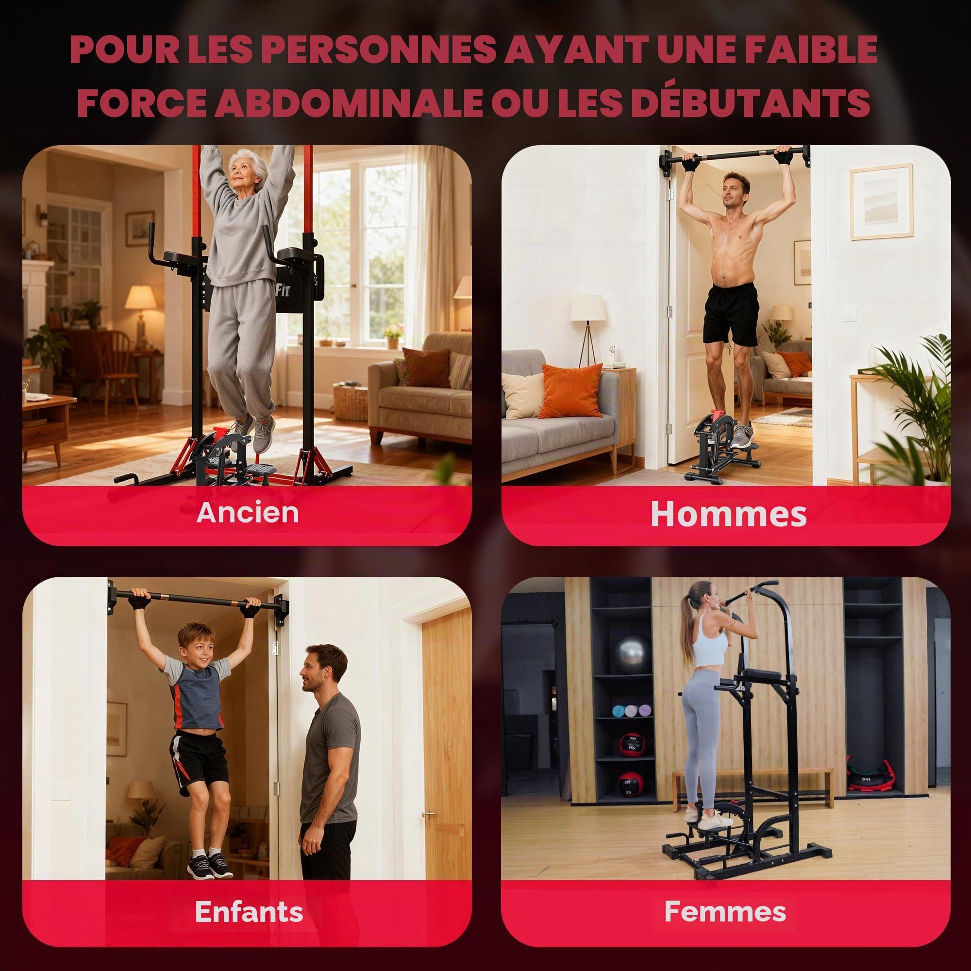ONETWOFIT Barre de traction pliable autonome - Tour de traction Power Tower Dip Station de traction - Hauteur réglable - Station de musculation multifonction pour la maison