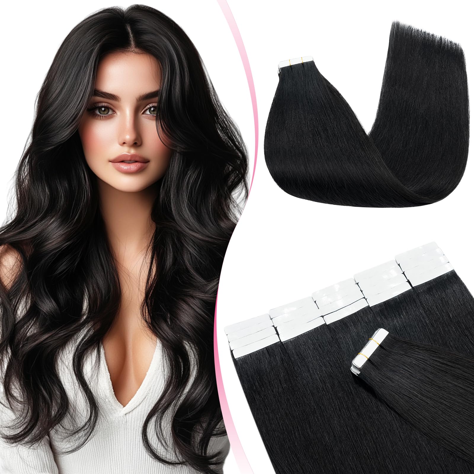 MY-LADY Invisible Tape in Hair Extensions Human Hair - 20pcs Remy Straight Real Hair #1 Jet Black - 12 Inch 30g