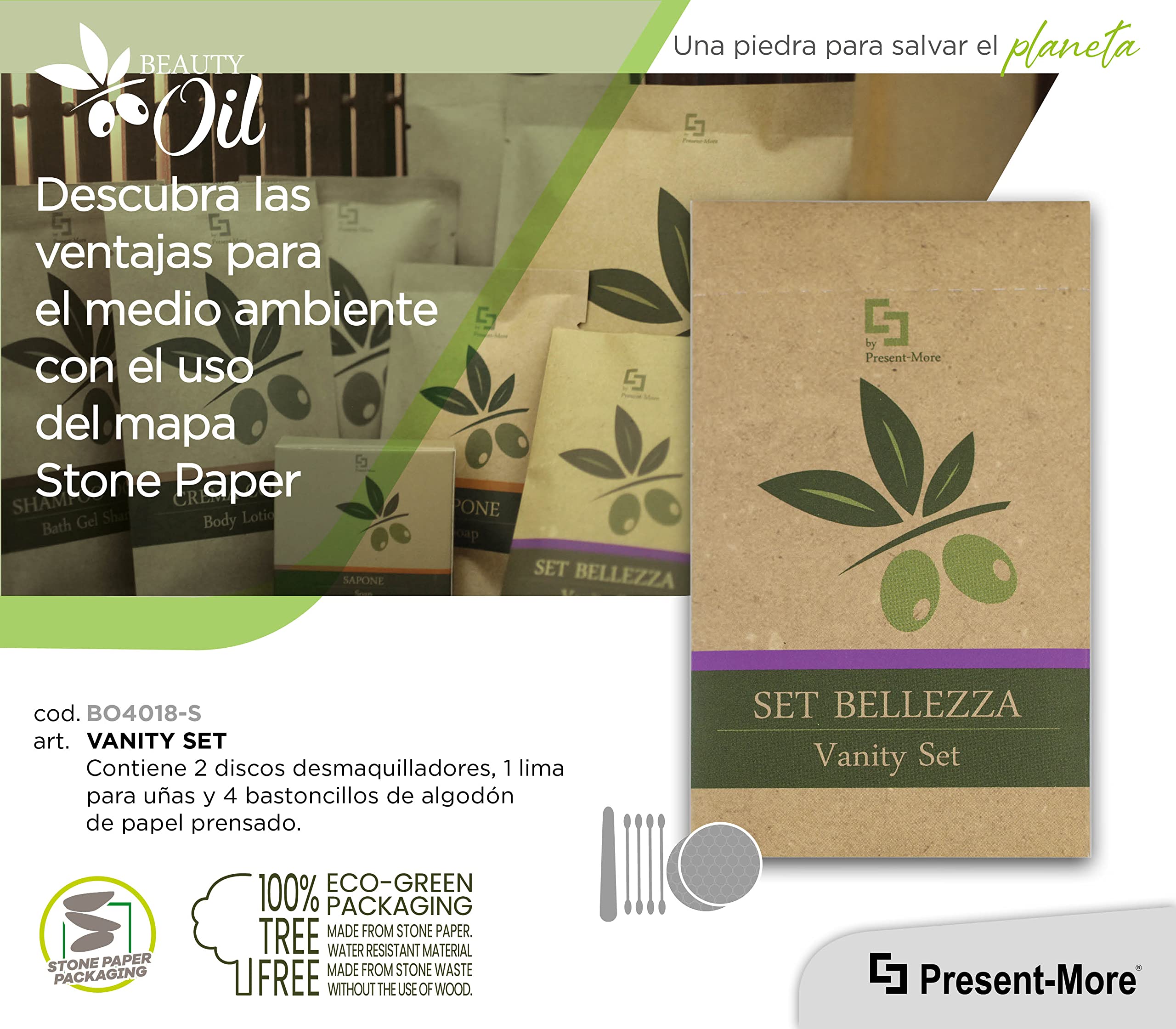 PRESENT-MORE - Vanity Set de 100 piezas - Línea Beauty Oil - Kit con discos desmaquillantes, lima para uñas y algodón Fioc - Embalaje ecológico de Stone Paper - Ideal para hoteles y B&B