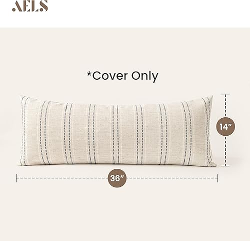 Miniatura 7 de AELS 18x18 Decorative Farmhouse Linen Throw Pillow Covers, Boho Textured Pillow Case, Set of 2, Beige with White & Brown Stitch Yarn Dyed Stripe