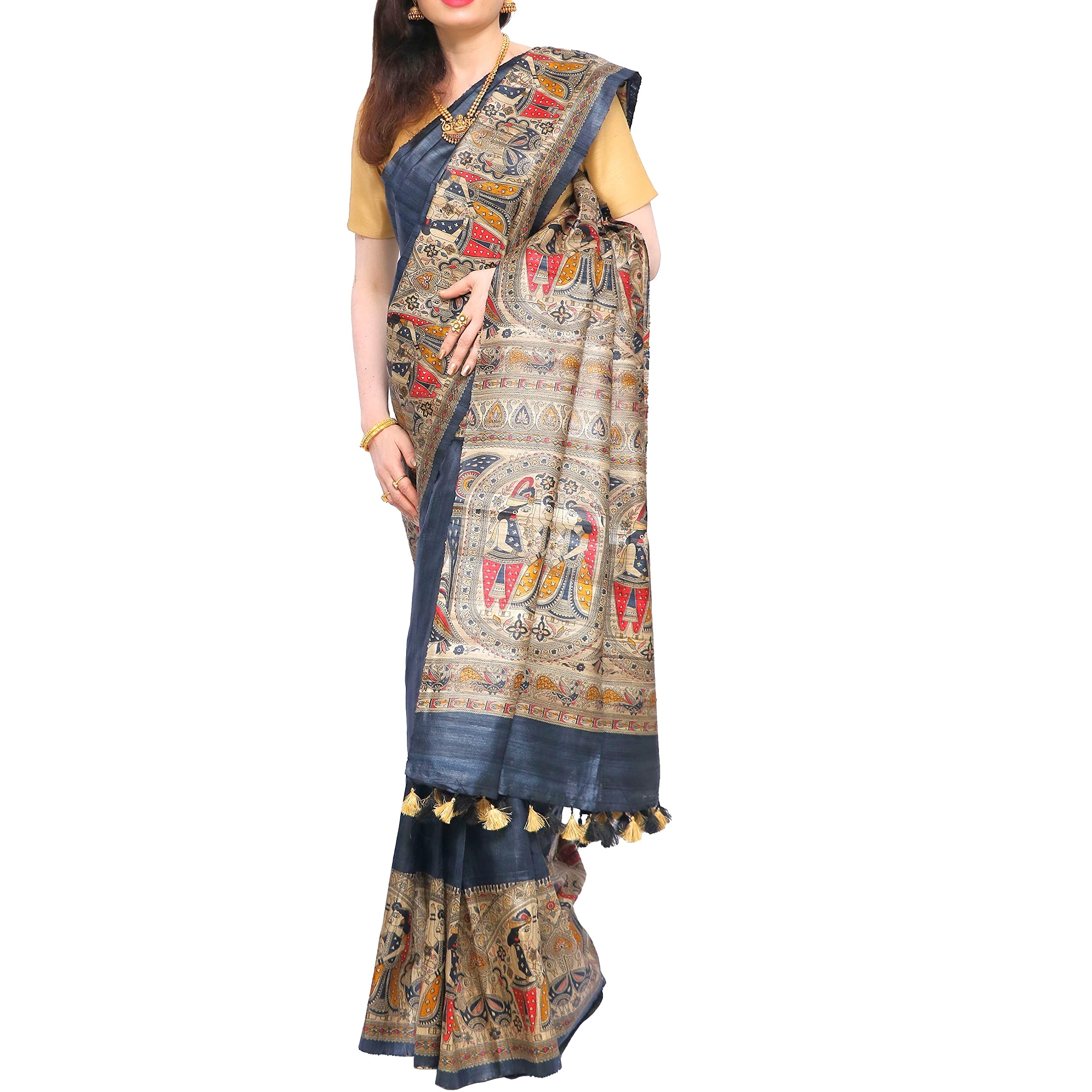 Pure Bhagalpur Tussar Silk Saree (Silk Mark) - Slate Blue with Madhubani Hand Painting