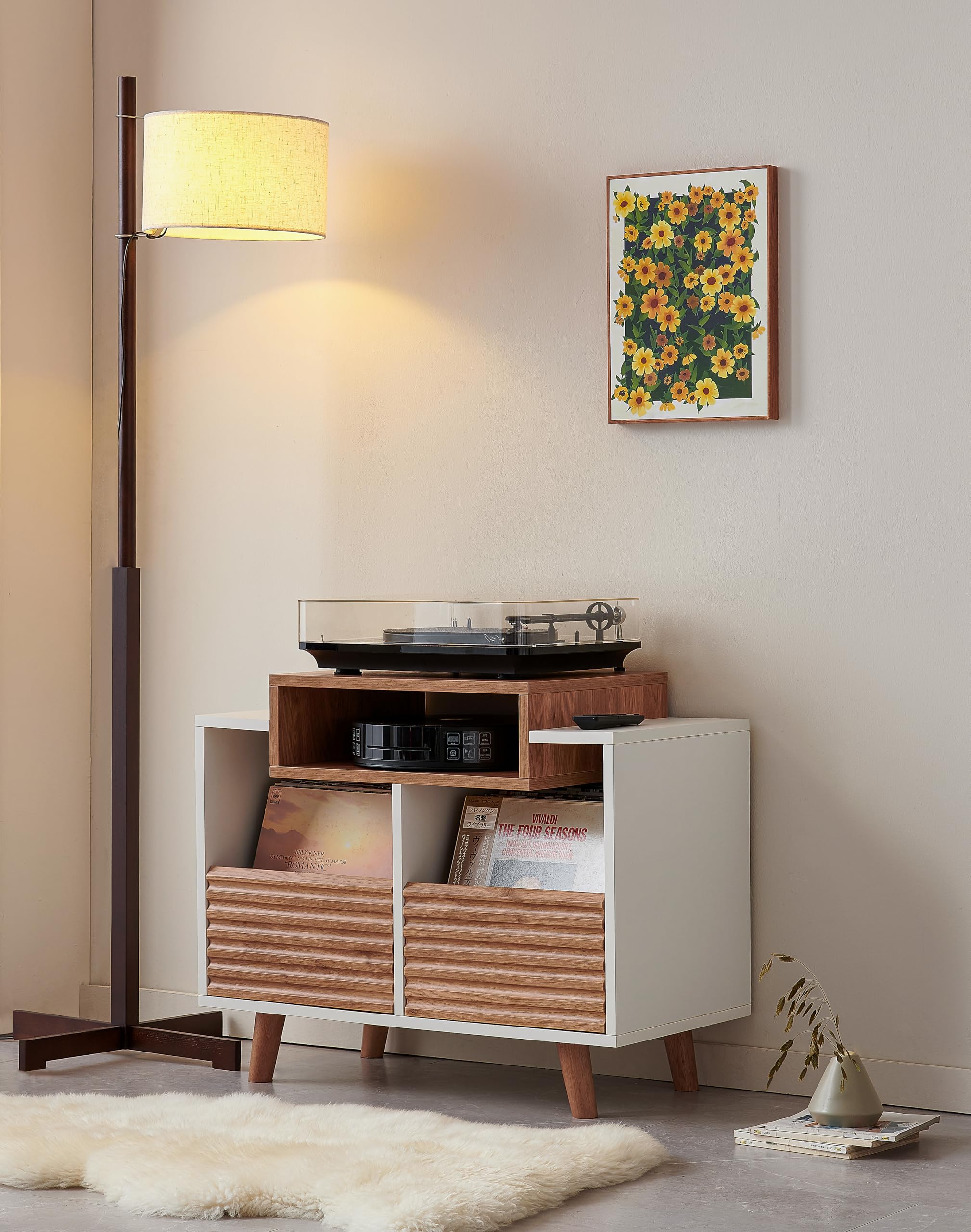 NorStone OSLO 800 Mobile in vinile per mobili in vinile – Elettronica Hifi – 2 cassetti portaoggetti – finitura bianco/rovere chiaro – 80 x 64 x 40 cm