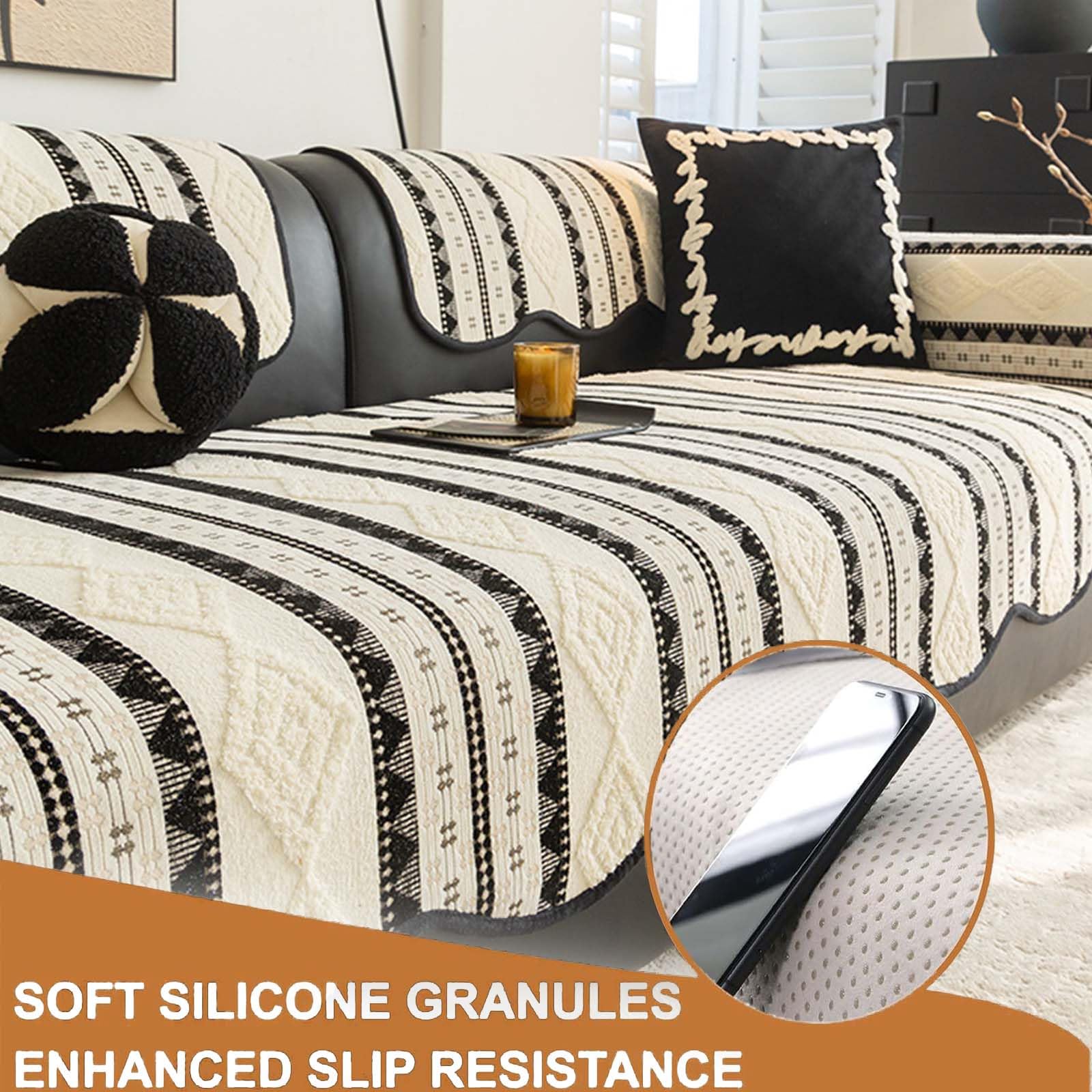 Copertura Antiscivolo in Chenille, Cuscino Morbido Spesso per Divano 1/2/3/4 Posti, Copripoltrona Universale a Righe per Tutte le Stagioni Black 70 * 240cm