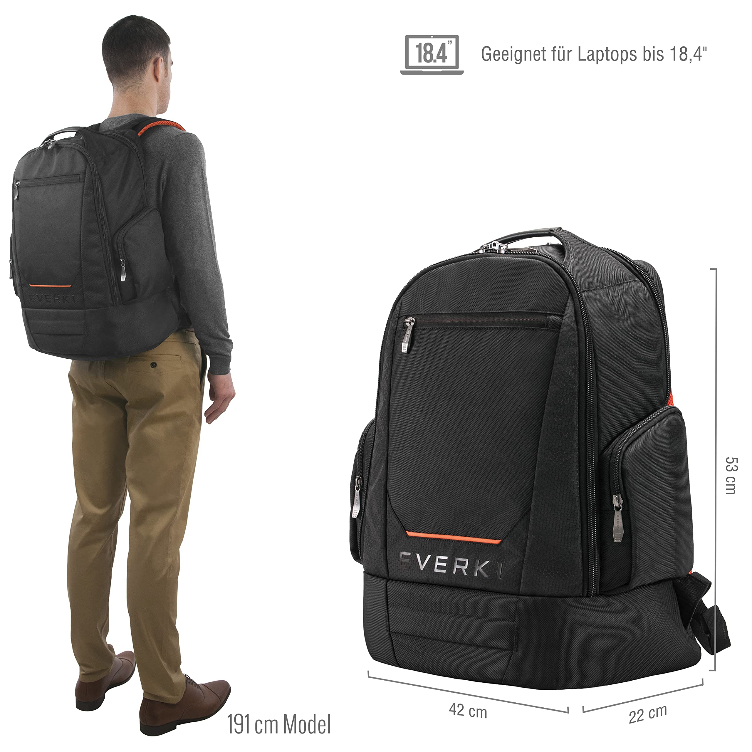 EVERKI ContemPro Rucksack Laptop 17 bis 18,4 Zoll, Groß, Business und Gaming, Schwarz, 42 l