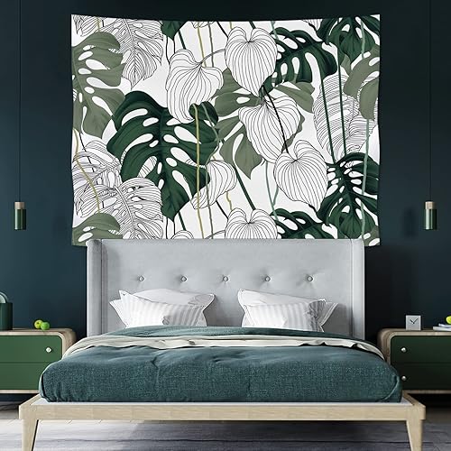 Miniatura 2 de JOYPLUS Tapiz de terciopelo blanco y verde con hojas de palmera, tapiz con patrón de plantas naturales tropicales, para colgar en la pared para