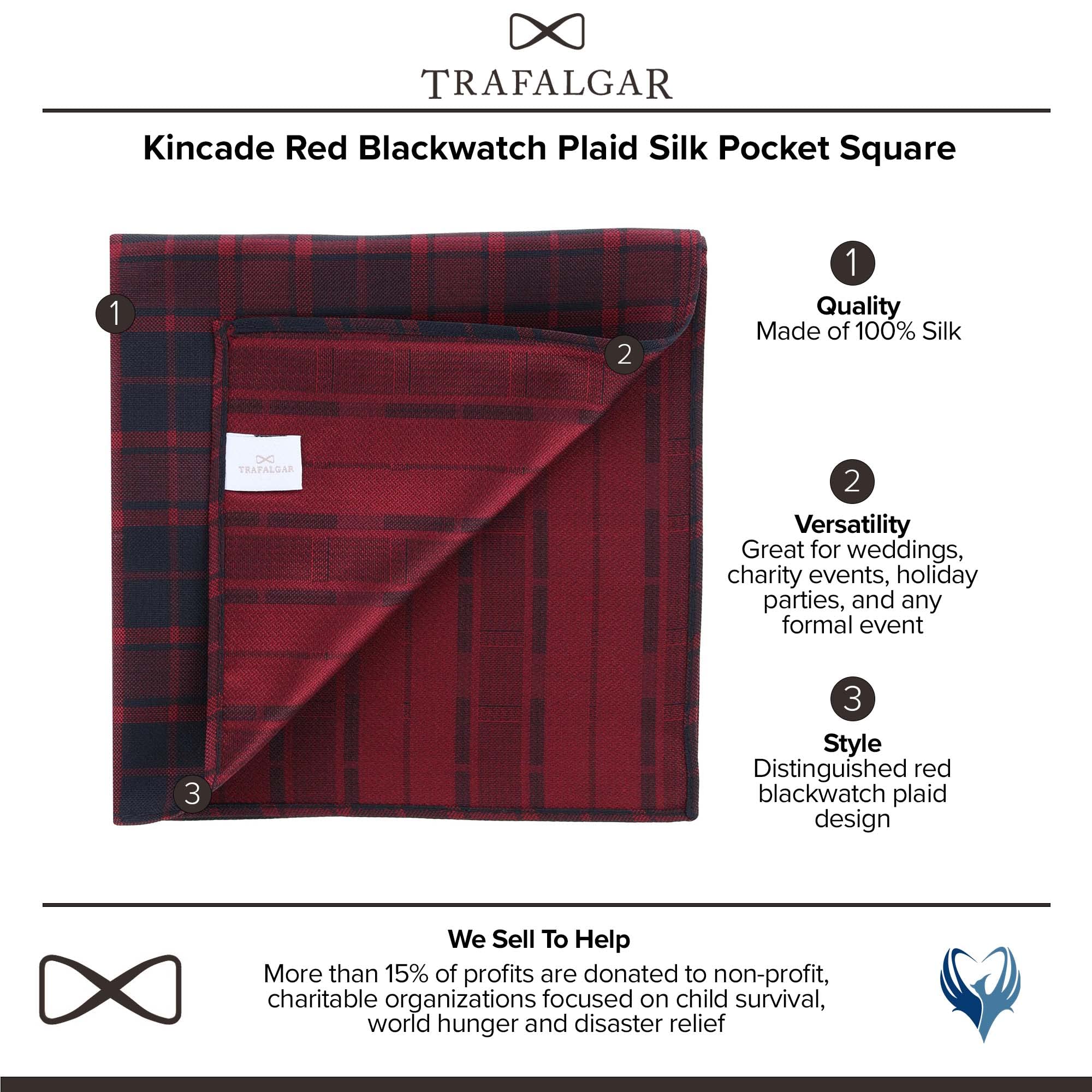 Trafalgar Men's Kincade Red Blackwatch Plaid Silk Pocket Square, Red Plaid