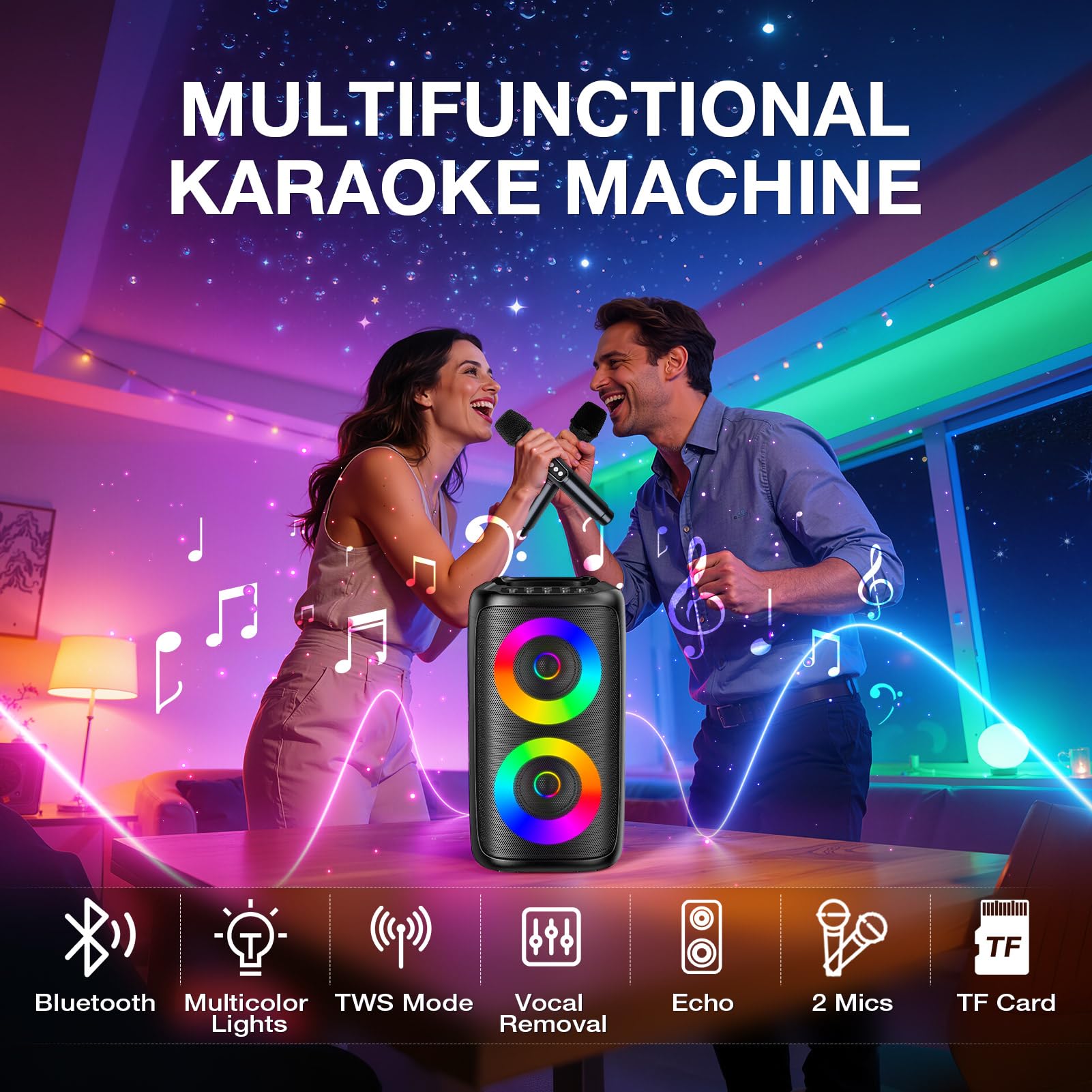 Macchina per karaoke per adulti: altoparlante Bluetooth portatile con 2 microfoni wireless per karaoke con luci a LED, regalo di compleanno per feste in famiglia, sistemi di casa, pacchetti supporto