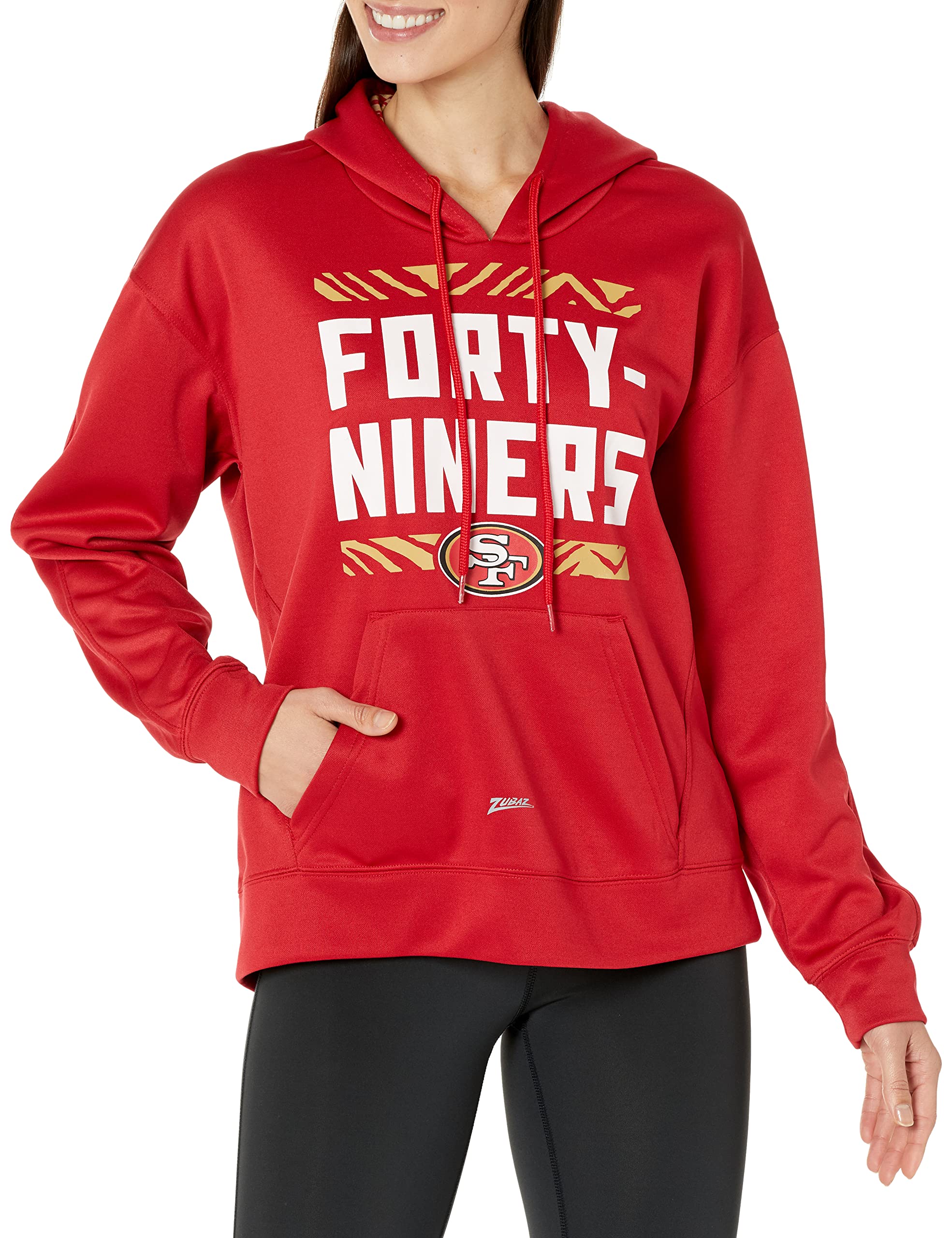Zubaz Women's NFL Pullover Hoodie – San Francisco 49ers Team Color With Zebra Print Hood Liner & Front Pocket