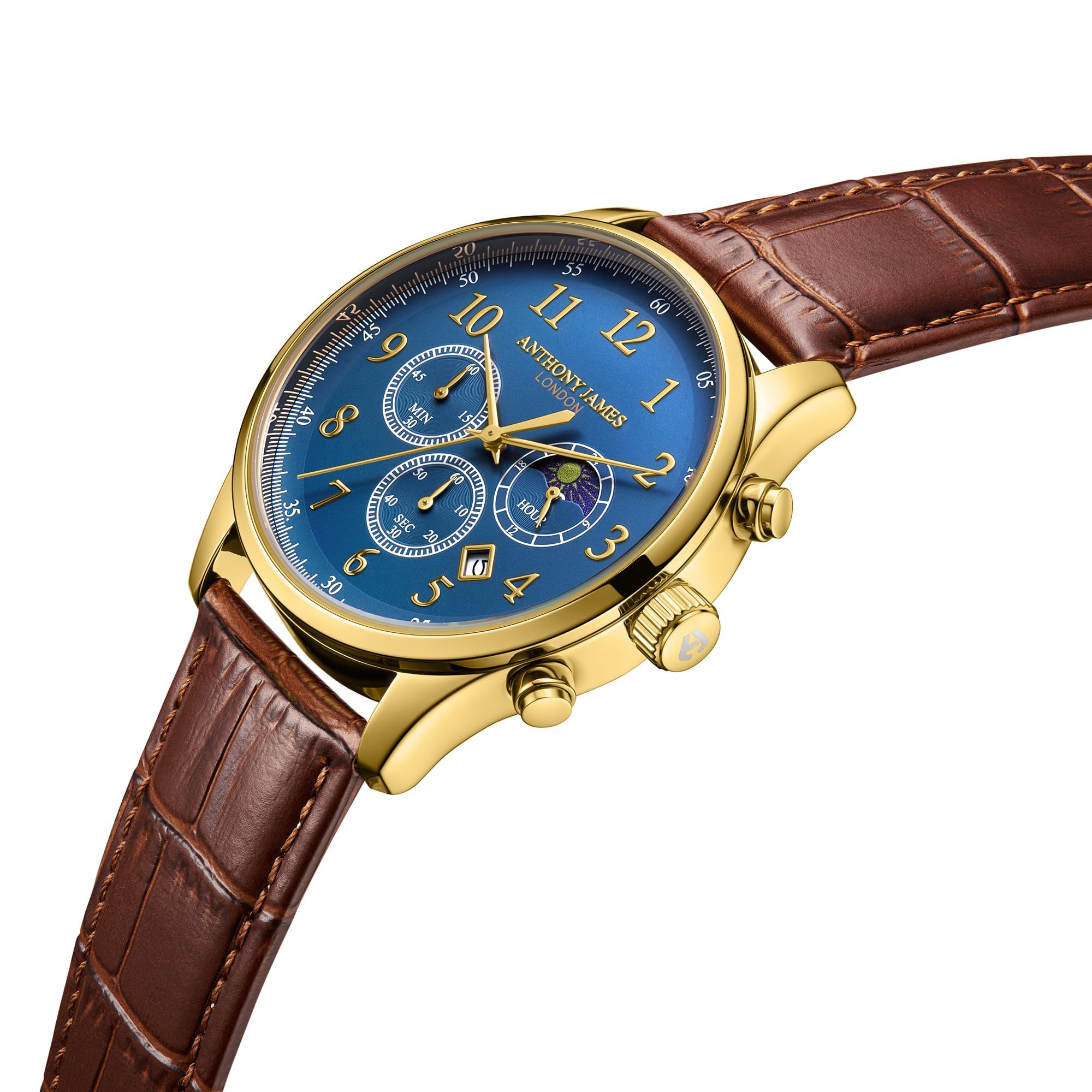 Anthony James Orologio da polso automatico da uomo con fasi lunari, retro in acciaio inox, analogico, cinturino in pelle, cronografo, assemblato a mano, resistente all'acqua e ai graffi