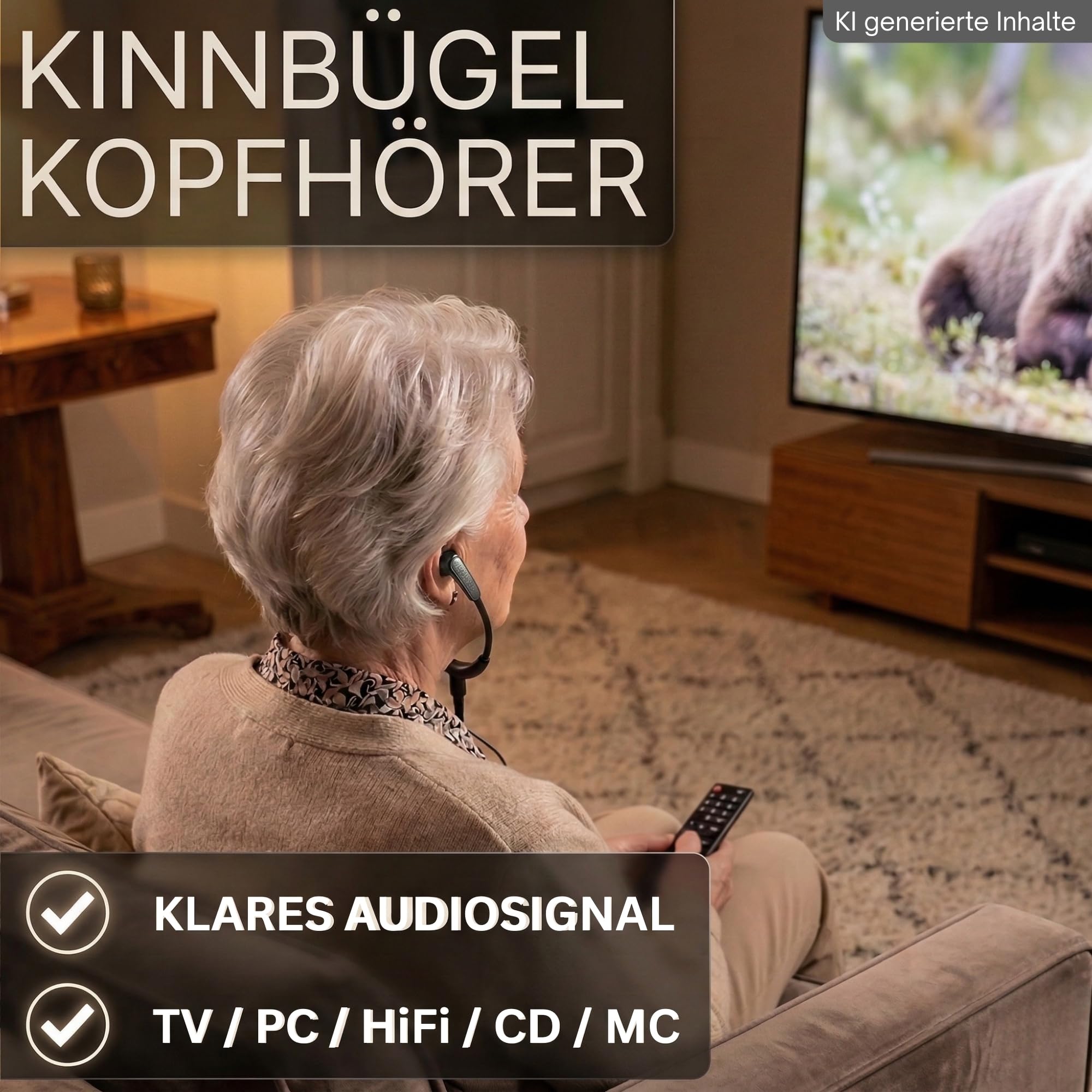 TronicXL Kinnbügel Kopfhörer für TV PC & HiFi Senioren 117dB laut Fernsehkopfhörer mit Kabel 3m lang 3,5mm Klinkenstecker
