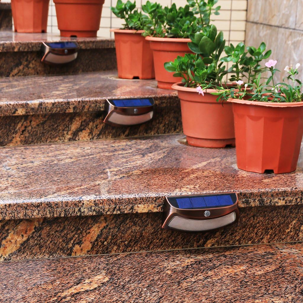 XTF2015 Solar Step Lights Outdoor, Motion Sensor Lights, Copper Outdoor Step Lights, Waterproof LED Solar Light for Stair, Patio, Yard, Fence, Walkways, Outside Wall (2 Pack, Warm White)