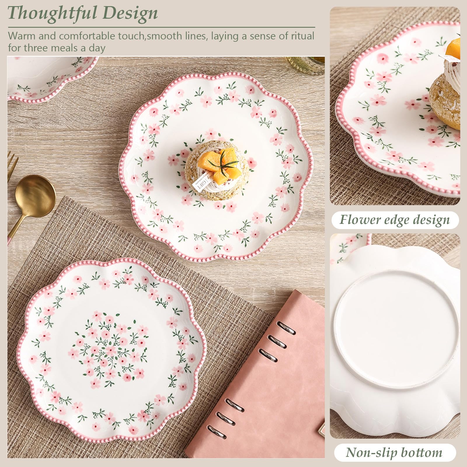 CDAXPWZO Porcelain Plates,Floral Dinner Plates,8 Inch Ceraic Dessert