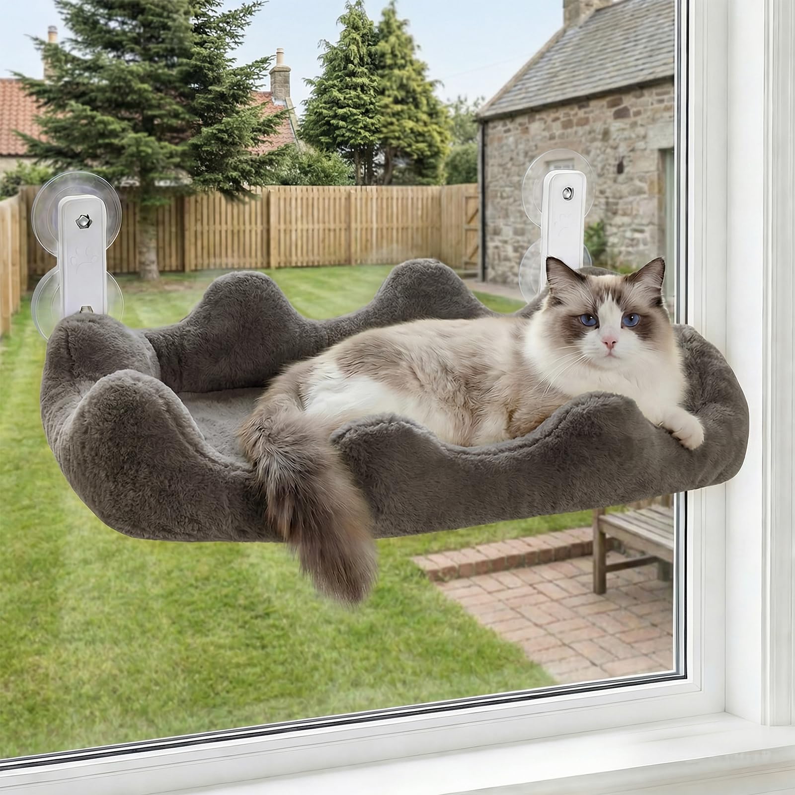 Homegroove Cat Window Perch, 24 x 12 Inch Foldable Cat Hammock for Window with 4-Sided Bolster & 4 Large Suction, Cloud Shape Cordless Window Bed for Indoor Cats (Gray, Large(60x30cm))