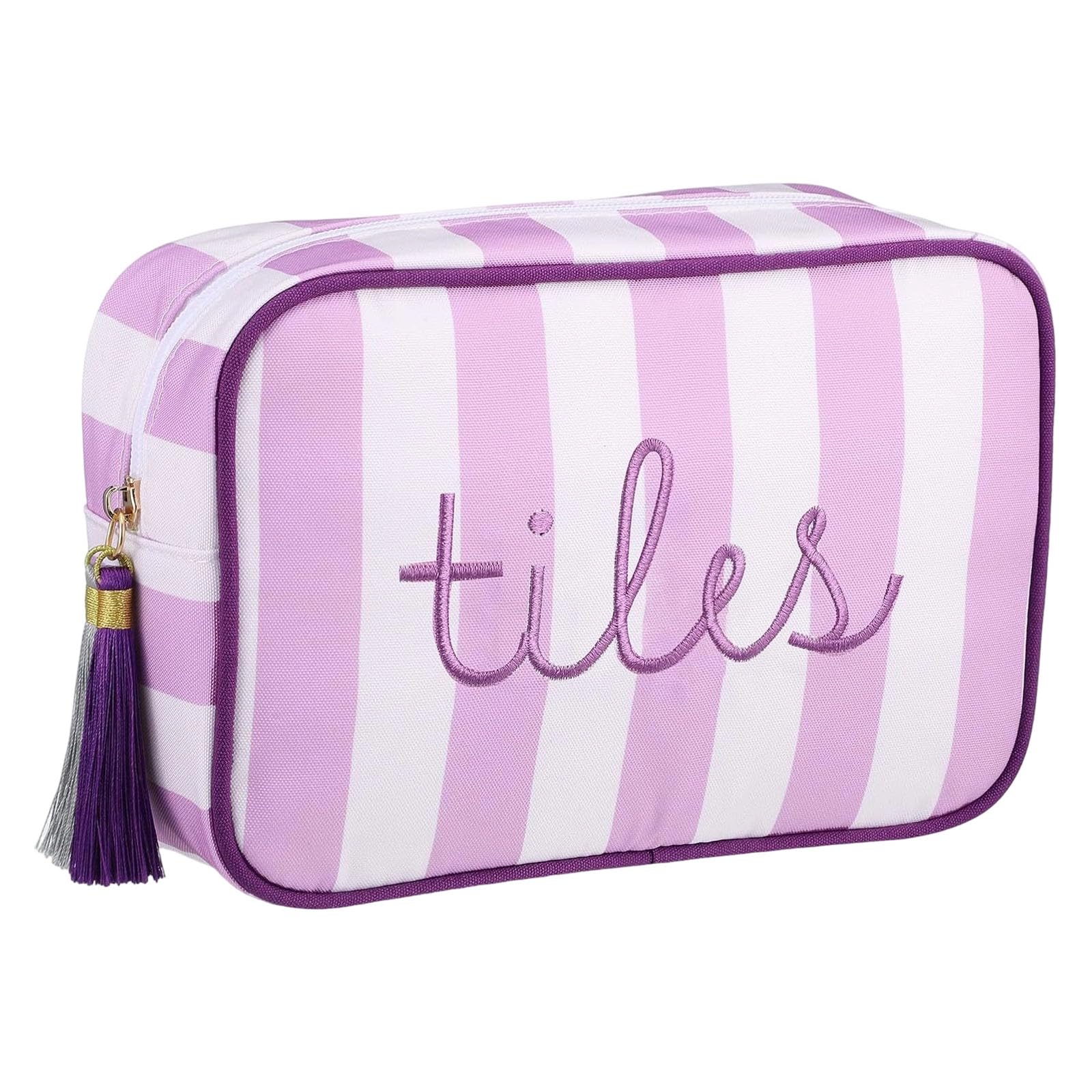 Zeiwohndc White Striped Toiletry Bag With Tassels For Travel And Home Storage Use Large Capacity Cosmetic Bag