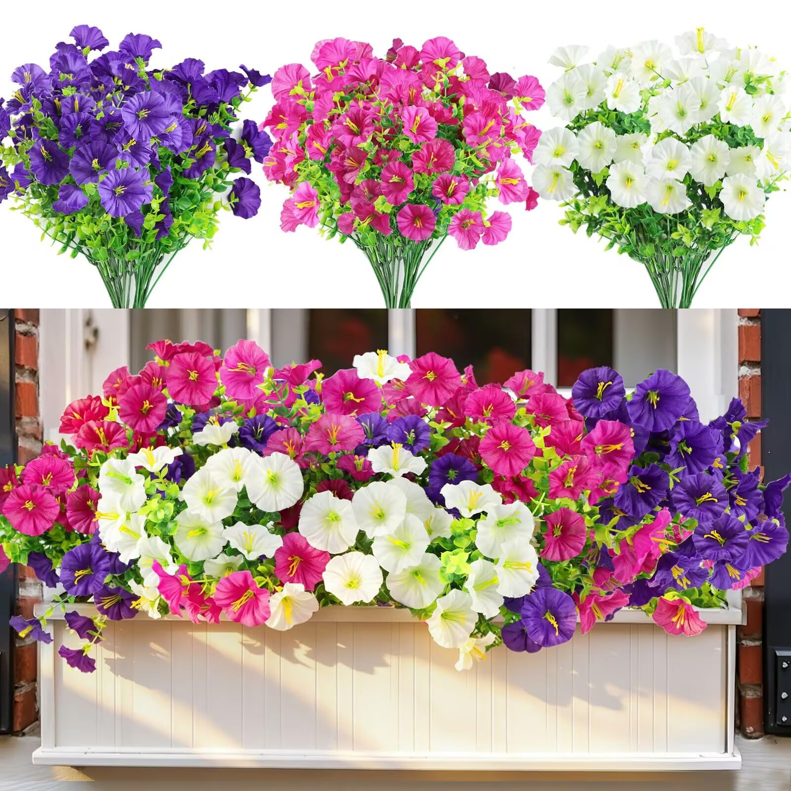 inreeme Artificial Fake Flowers Outdoor - Silk Artificial Plants Outdoor Look Real 3 Colors 12 Bundles, UV Resistant Realistic Fake Plants for Garden, Window, Vase, Pots, Hanging Basket Decoration