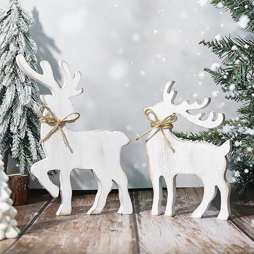 Miniatura 4 de COCHIE Adornos Vintage de Renos de Navidad para Hogar, Oficina, Repisa, Mesa, Fiesta, Estante, 2 Adornos Retro de Granja de Renos para Vacaciones de