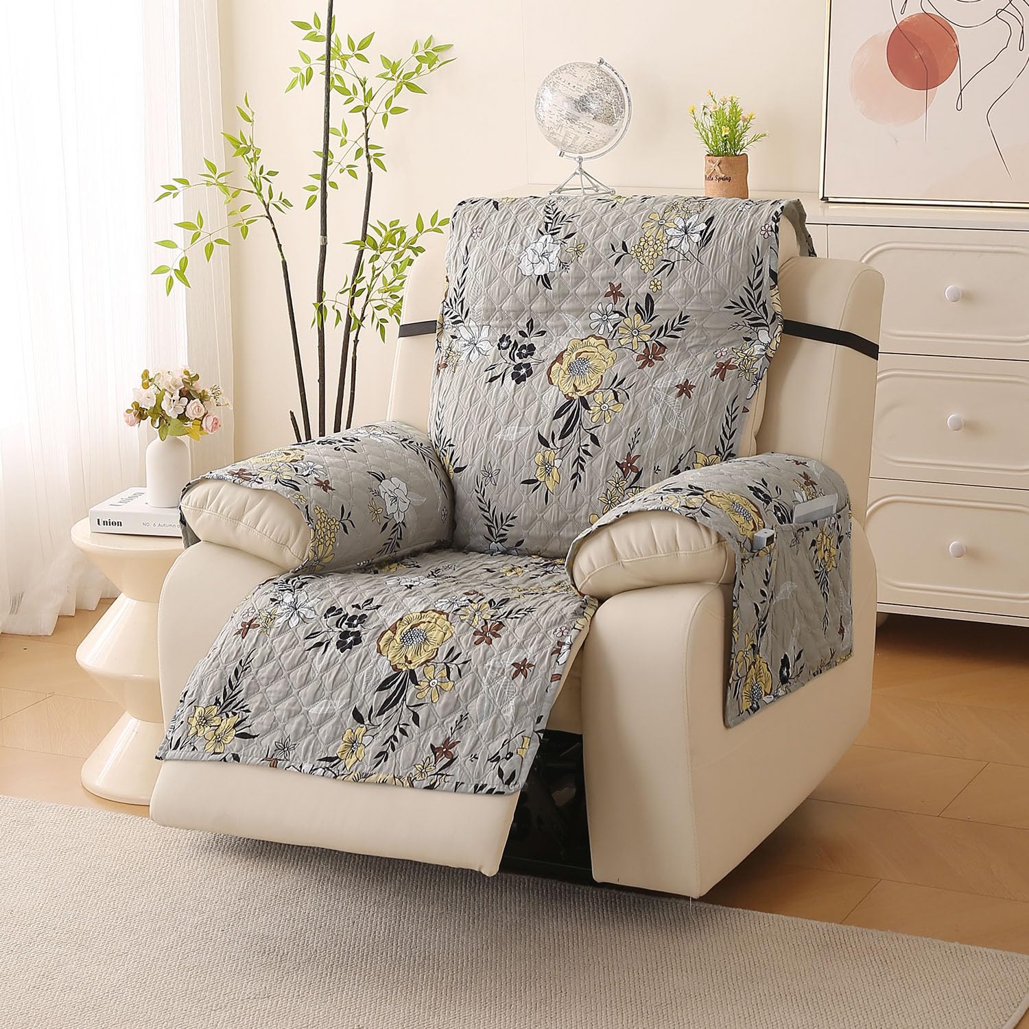 HOKIPO 'VivaCasa Series' Polyester Quilted Recliner Chair Cover for 1 Seater with Side Pockets, Floral Ash Grey (IN-726-D3)