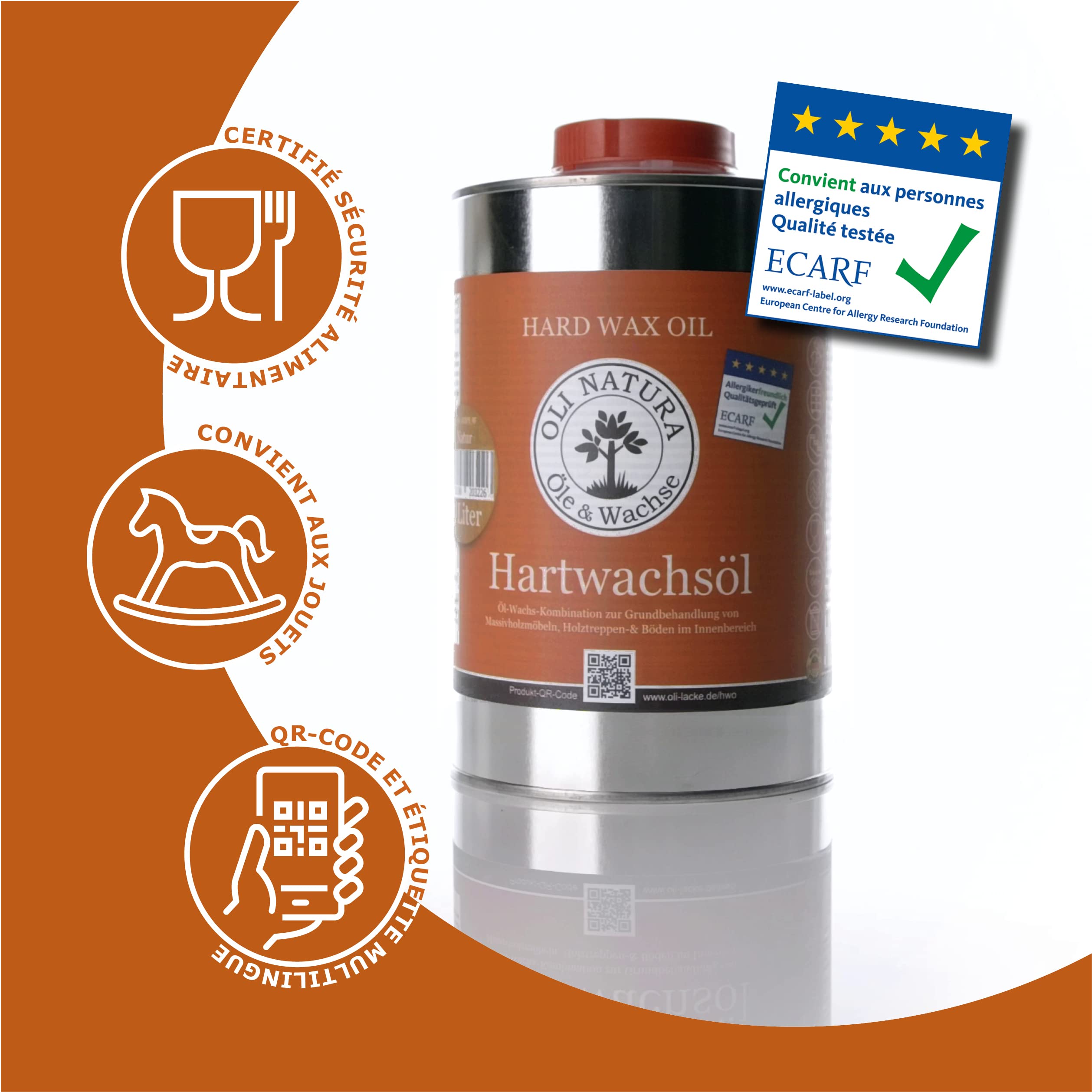 OLI-NATURA Huile-cire dure pour bois – Huile naturelle pour meubles, escaliers, portes et plus – Certifiée apte au contact alimentaire et anti-allergène, 1 L, incolore-naturel