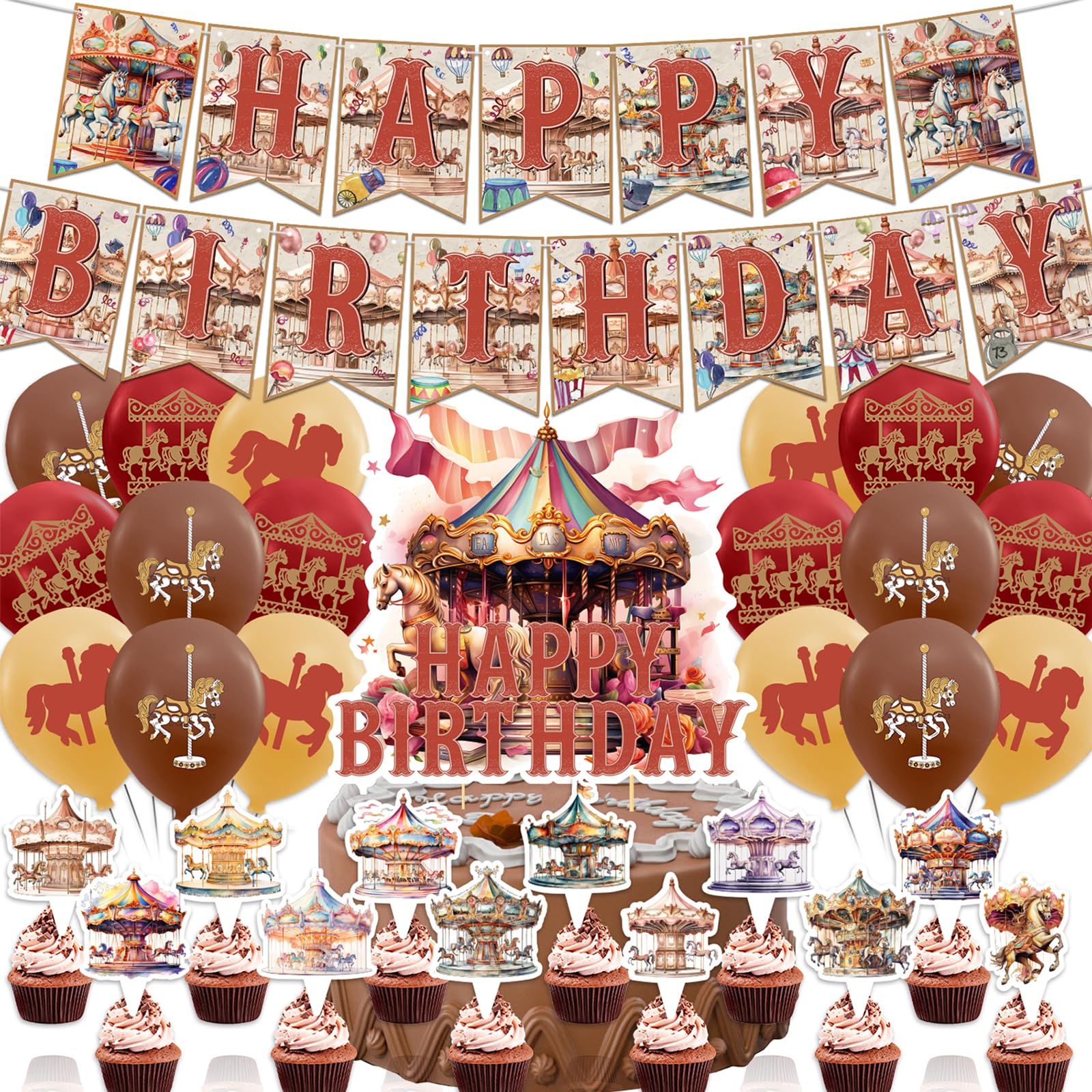 POMNUG Carousel Birthday Decorations Carousel Party Supplies Includes Carousel Birthday Banner Cupcake Toppers Cake Topper Balloons for Carousel Horse Party Decorations