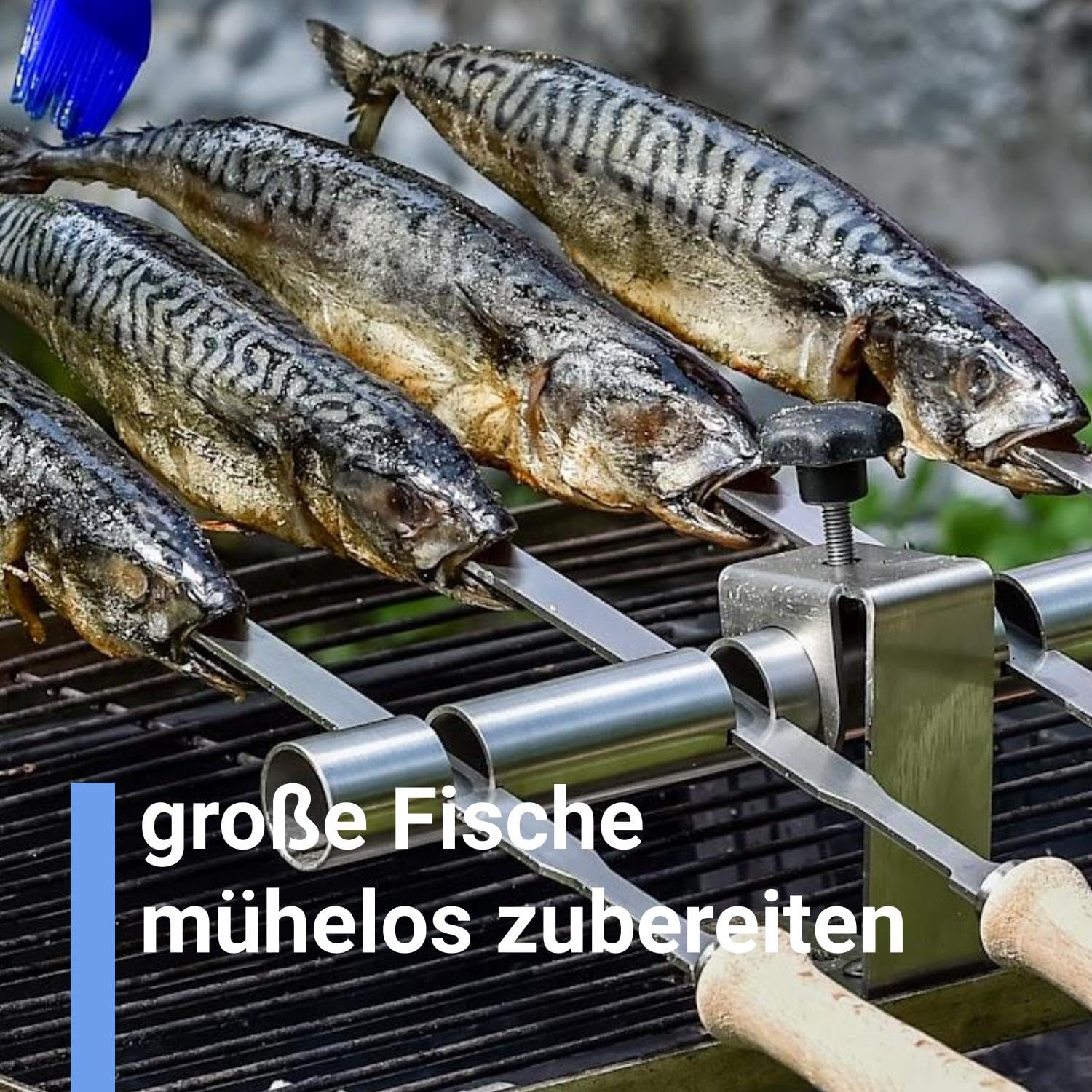 Steckerlfisch Halter 4 Edelstahlspieße für Gas- & Kohlegrill