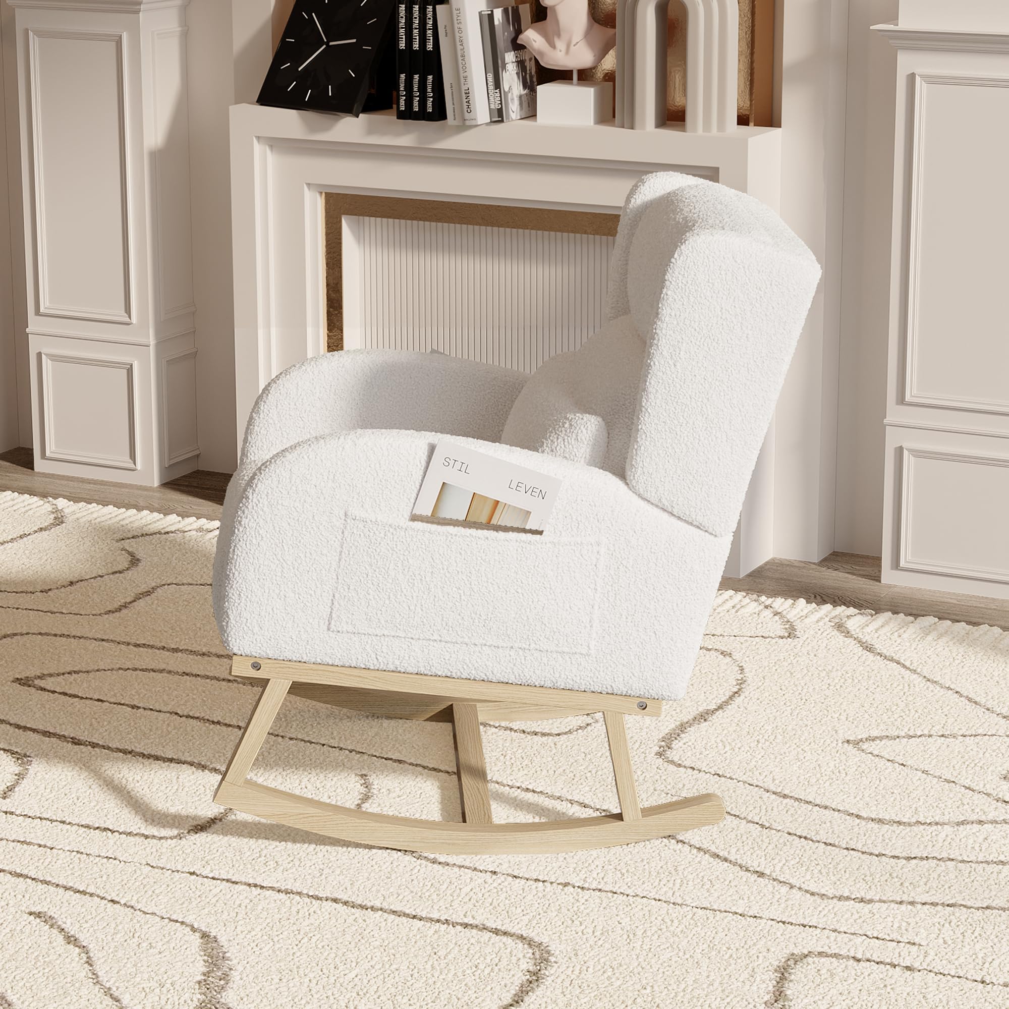 Rocking Chair,Living Room Rocking Chair Interieur,Chaise à Bascule avec Coussin Lombaire, Fauteuil a Bascule Allaitement en Velours Teddy avec Pieds en Bois Massif, Blanc
