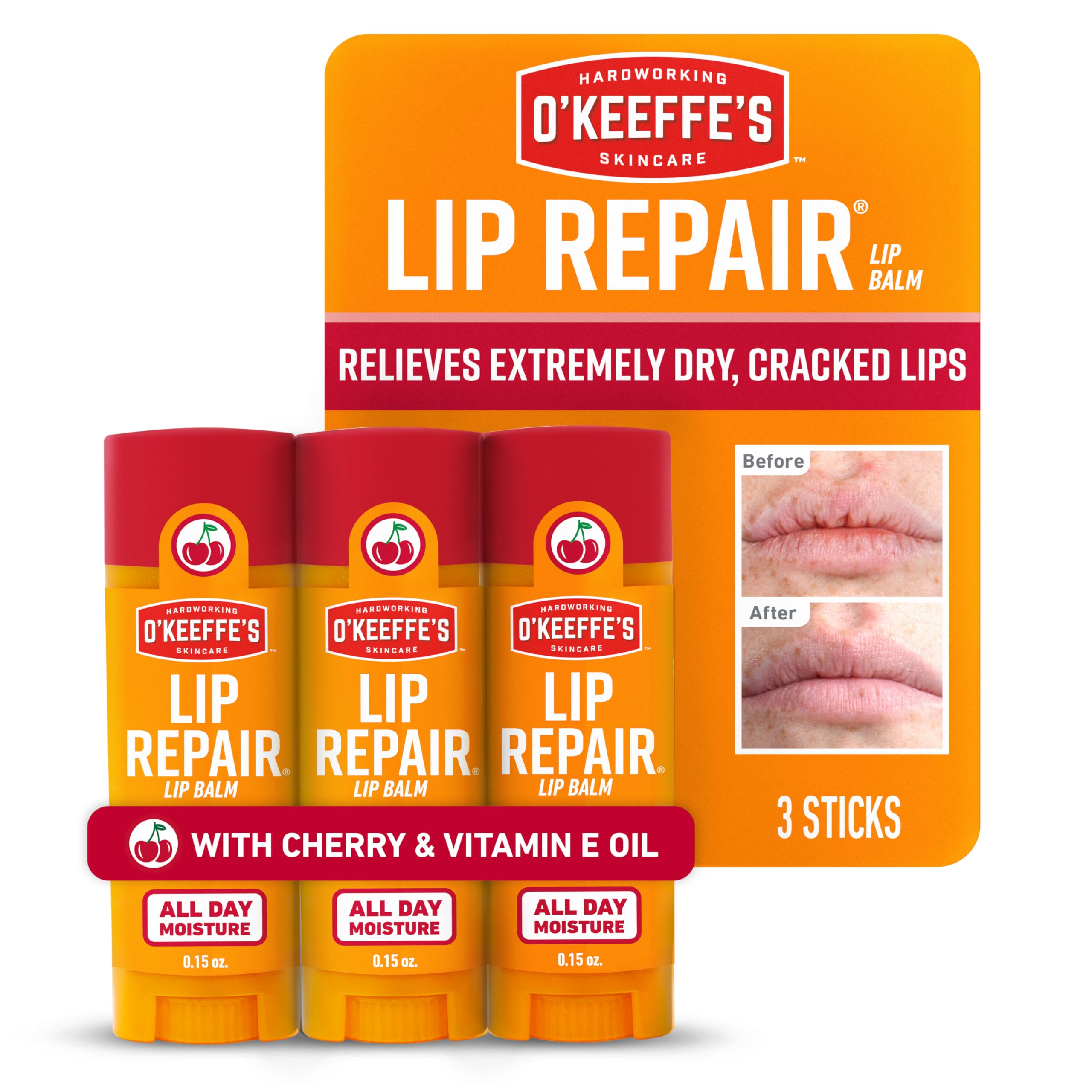 Sponsored Ad - O'Keeffe's Lip Repair Lip Balm with Cherry & Vitamin E Oil - Stick (3 Pack) - Moisturizer for Extremely Cracked, Dry Lips